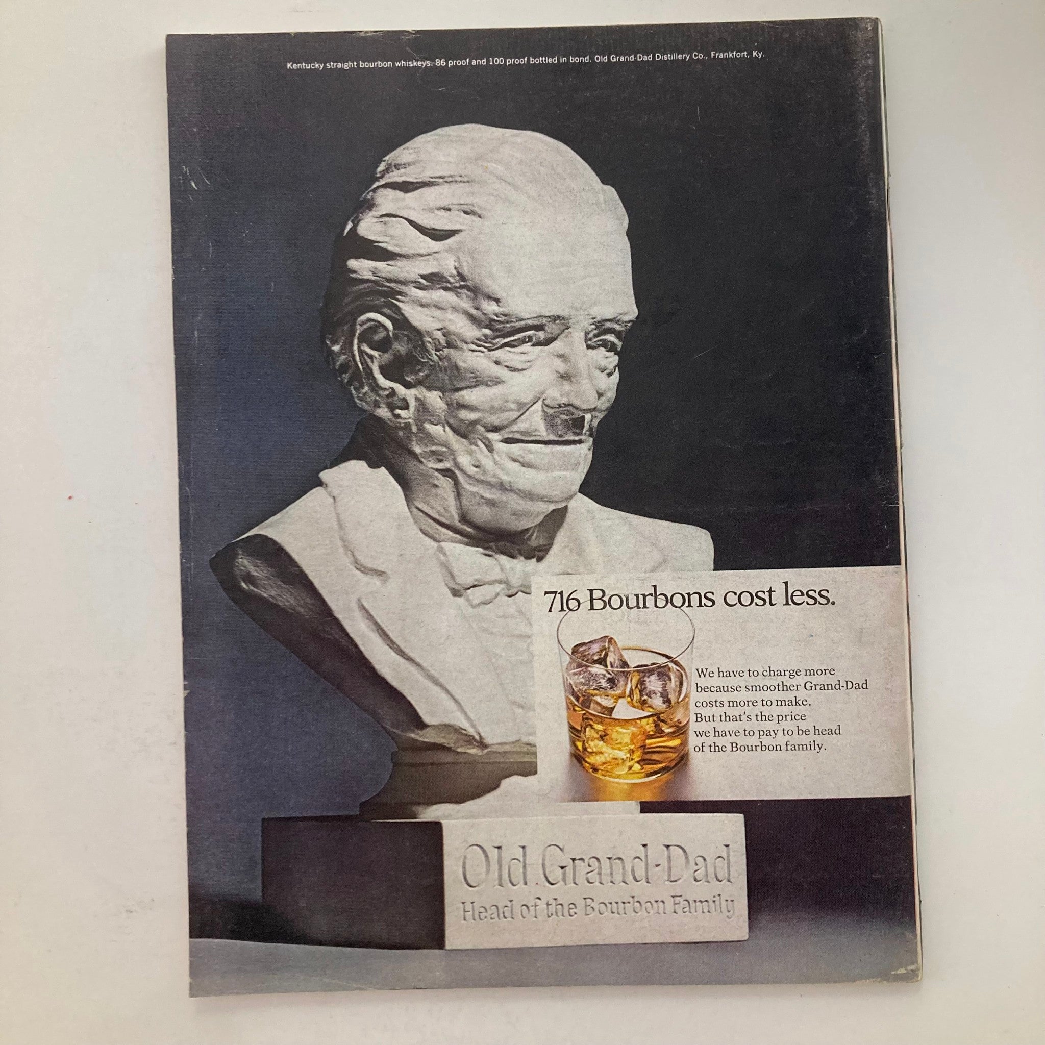 Back cover of VTG Newsweek Magazine May 11 1970 featuring an advertisement for Old Grand-Dad bourbon, highlighting the product with an artistic bust and promotional text.