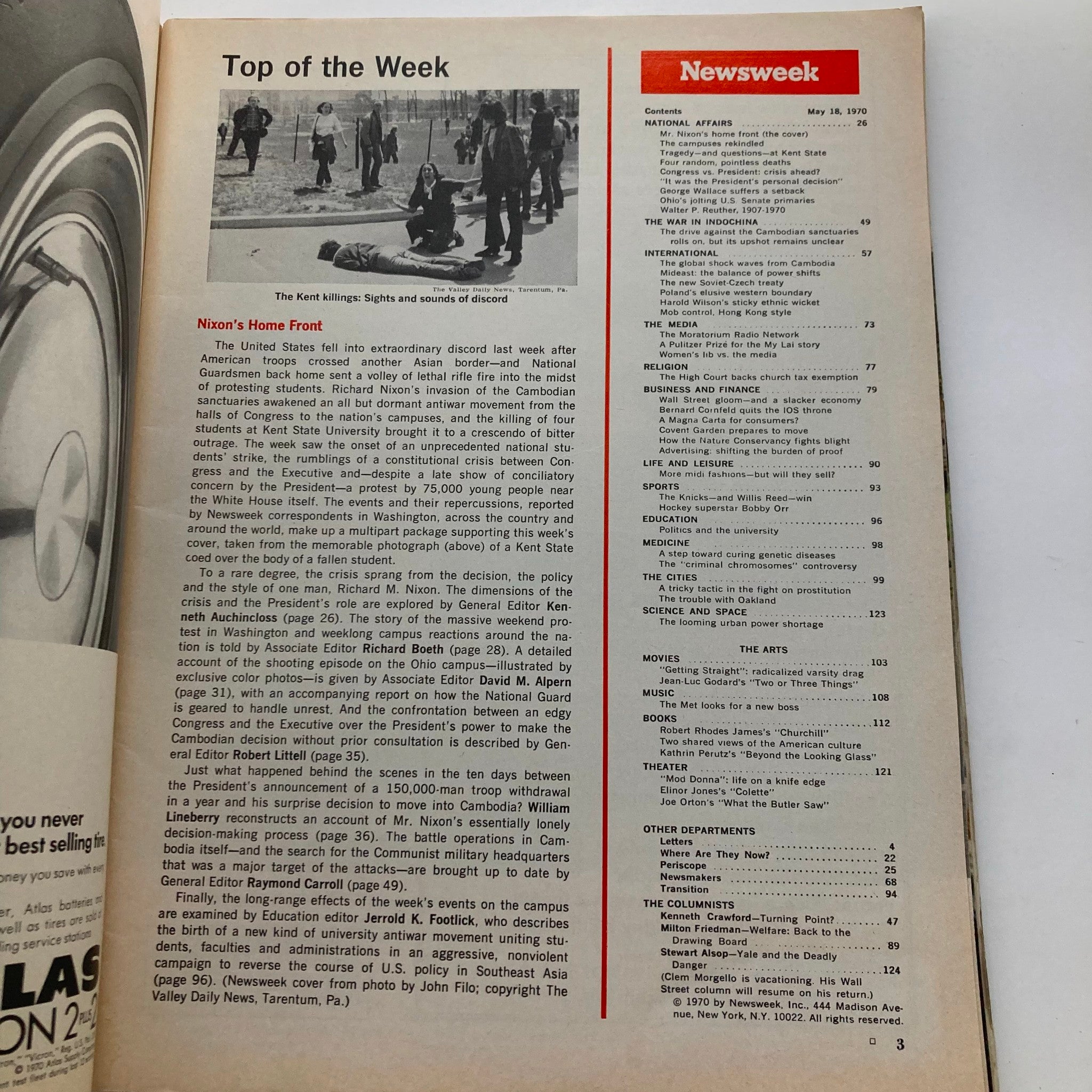 Inside page of VTG Newsweek Magazine May 18 1970, featuring an article on Nixon's Home Front and the Kent State protests, detailing political upheaval during the Vietnam War era.