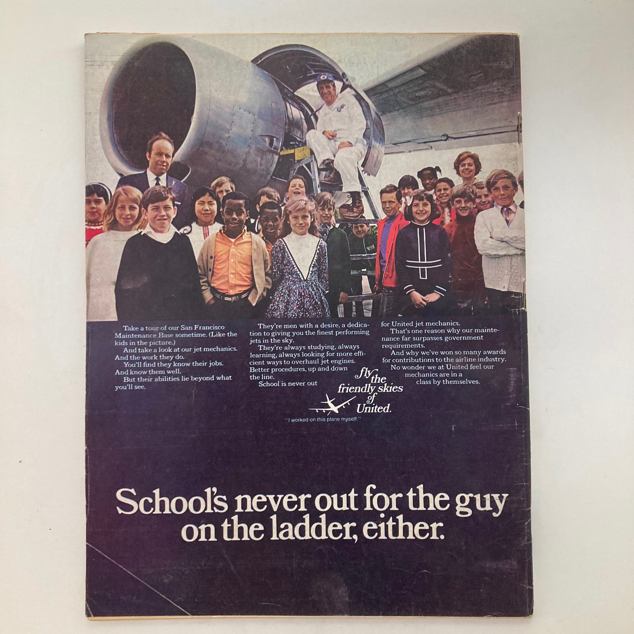 Back cover of VTG Newsweek Magazine May 18 1970, promoting educational opportunities in the airline industry with a photograph of children and mechanics, highlighting the theme 'School's never out for the guy on the ladder, either.'