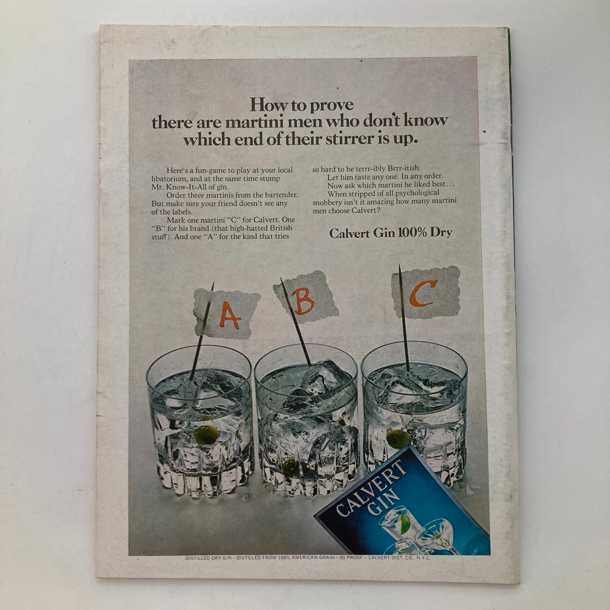 Back cover of VTG Newsweek Magazine from July 20, 1970, featuring an advertisement for Calvert Gin with three martini glasses.
