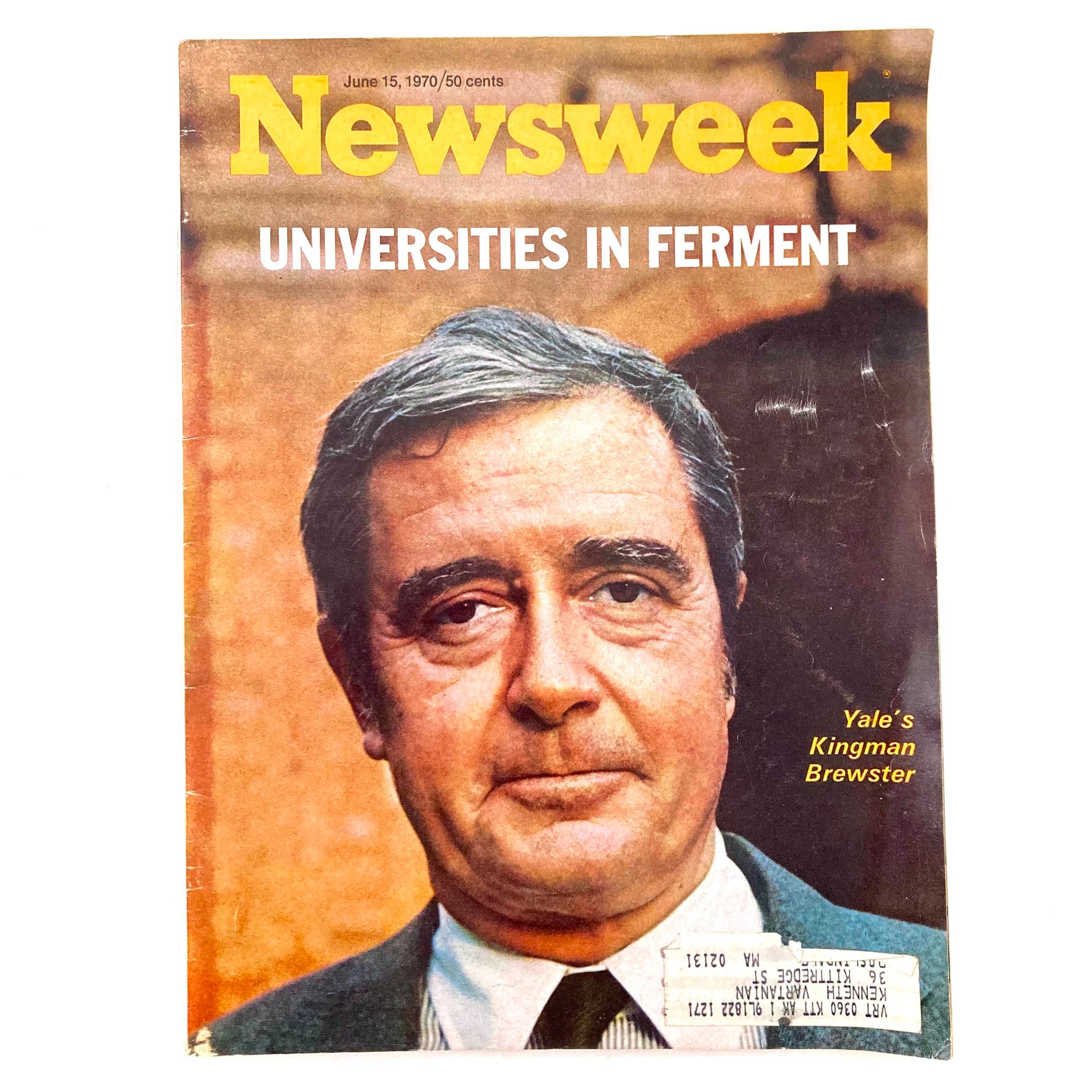 Vintage Newsweek Magazine from June 15, 1970, featuring Yale's Kingman Brewster on the cover with the headline 'Universities in Ferment'. A historic collectible that captures a pivotal moment in American history.
