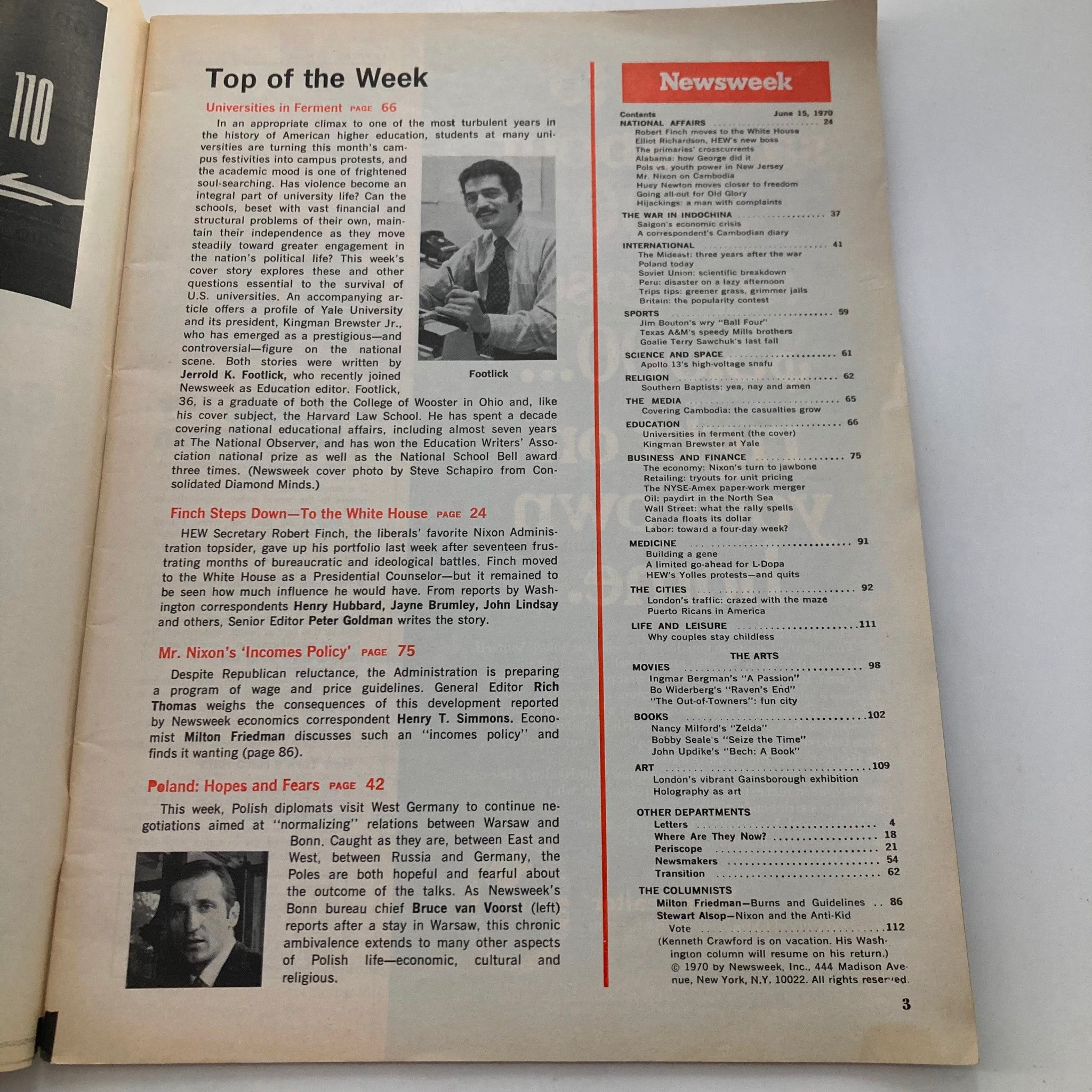 Interior page from VTG Newsweek Magazine June 15 1970 featuring 'Top of the Week' segment on universities in ferment, highlighting educational issues and leadership.