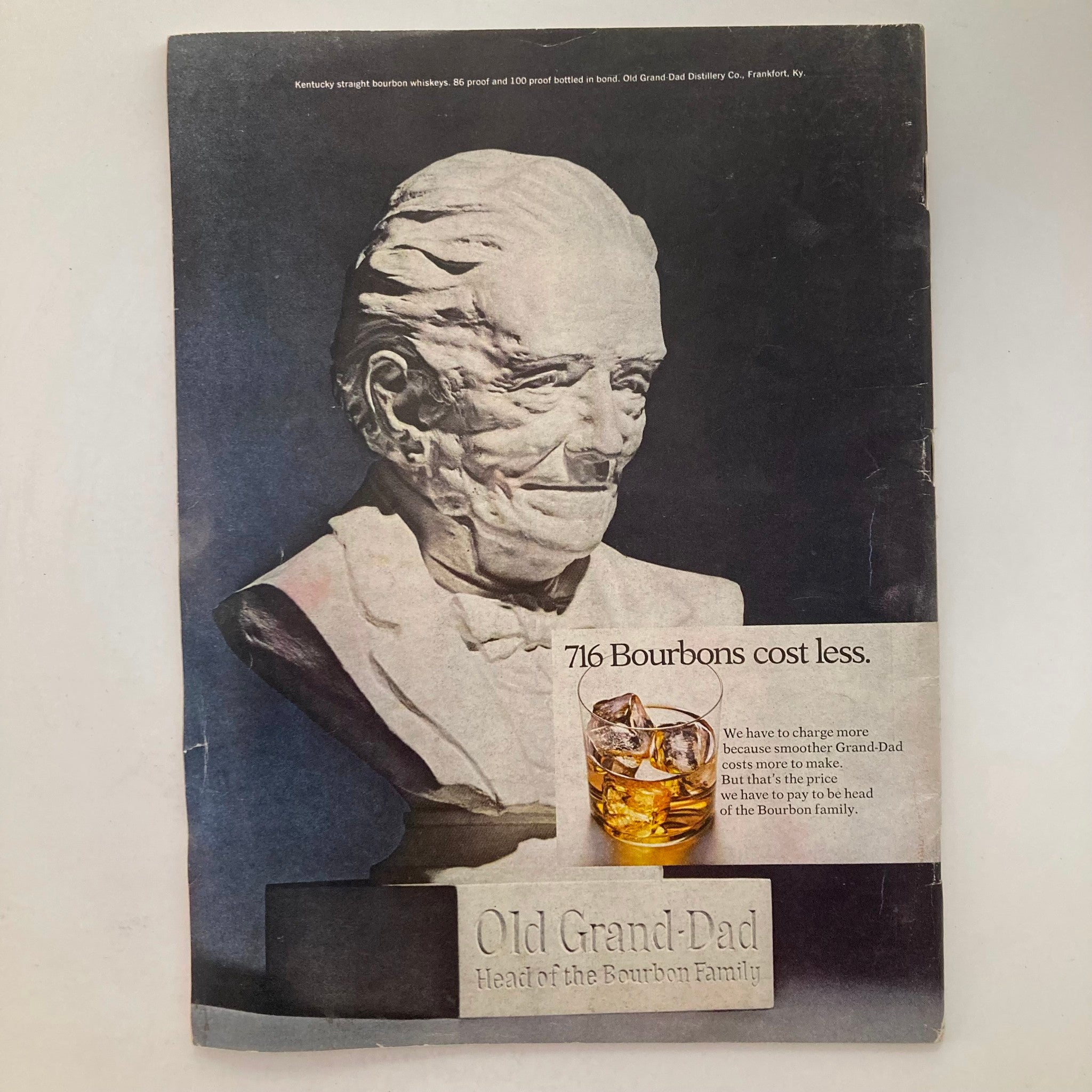 Back cover of VTG Newsweek Magazine June 15 1970 advertising Old Grand-Dad Bourbon with a bust and cocktail glass, showcasing bourbon heritage.