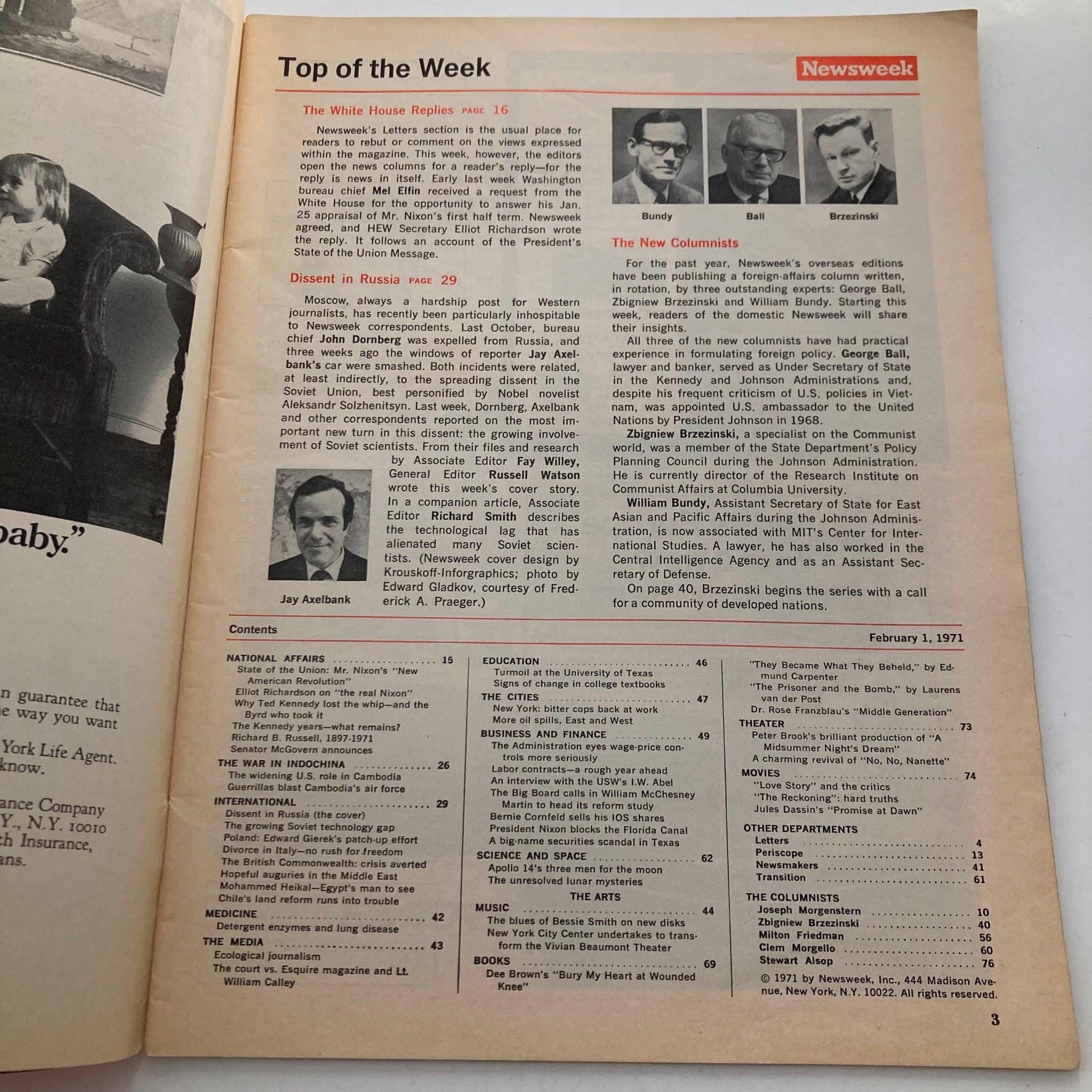 Inside view of VTG Newsweek Magazine February 1 1971 featuring articles on political dissent in Russia and columnists including Jay Axelbank, encapsulating the socio-political climate of the era.
