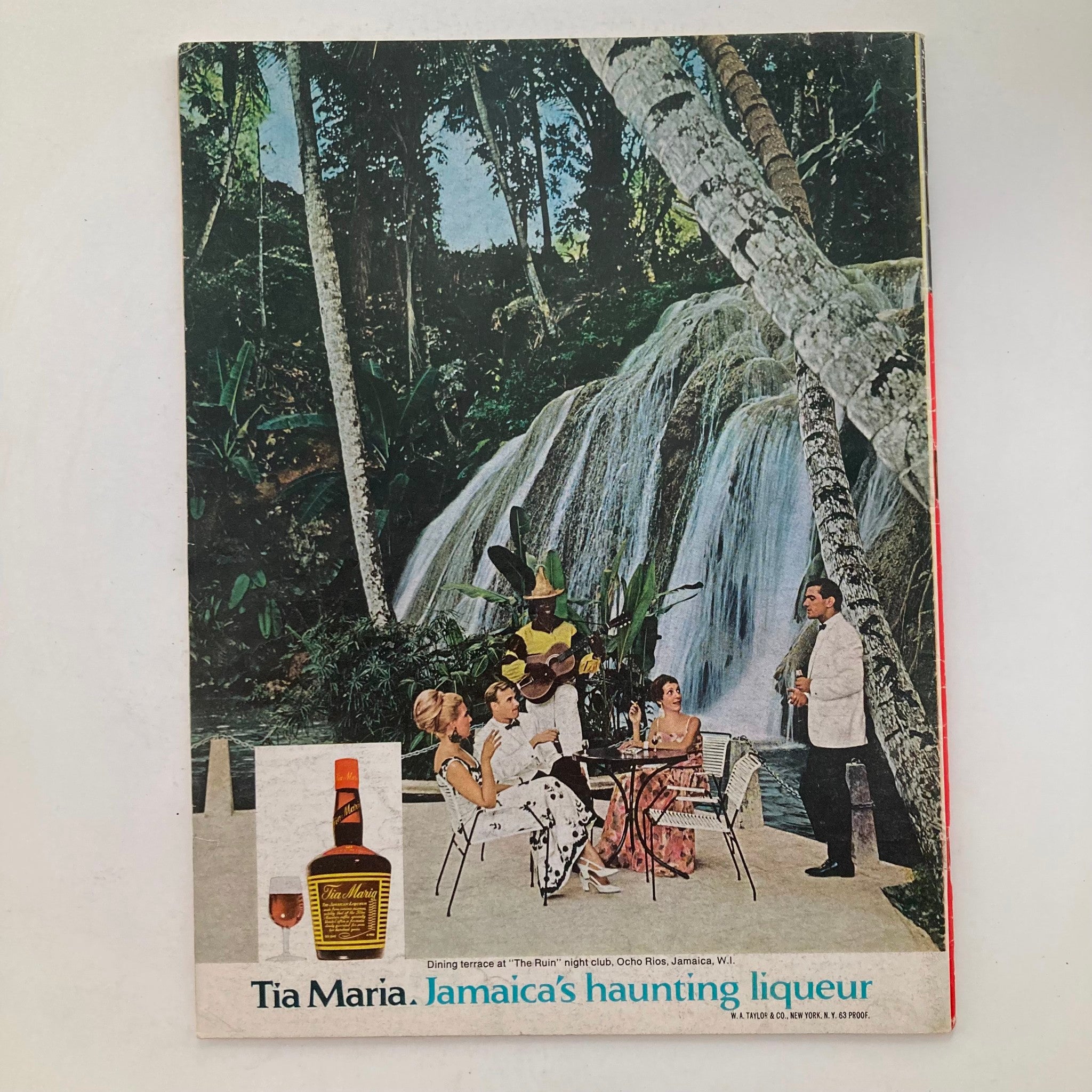 Cover of VTG Newsweek Magazine February 1 1971 showcasing an advertisement for Tia Maria liqueur, depicting a vibrant outdoor dining scene in Jamaica alongside promotional visuals.