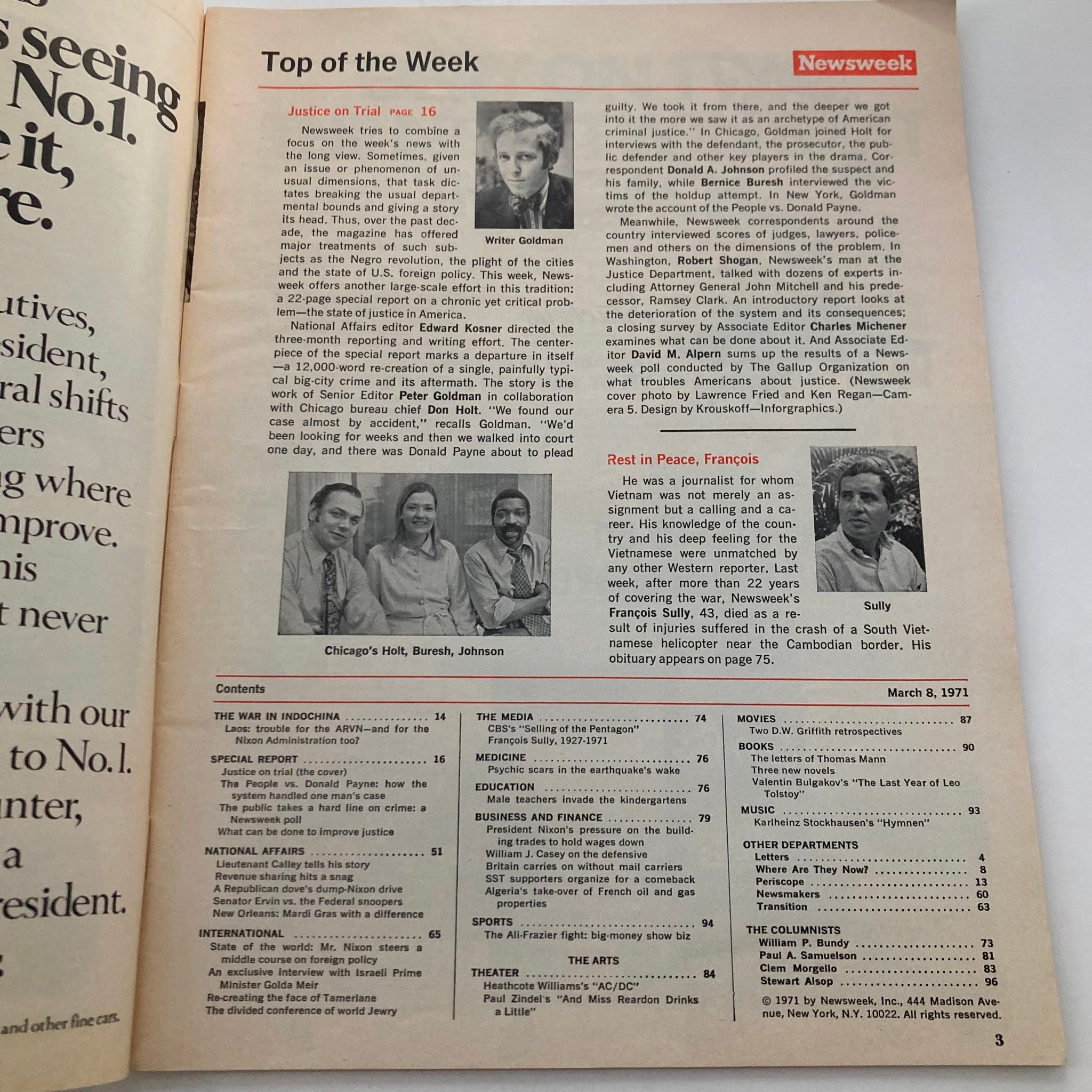 Inside page of VTG Newsweek Magazine March 8 1971 showing the table of contents and article highlights of the 'Justice on Trial' special report.