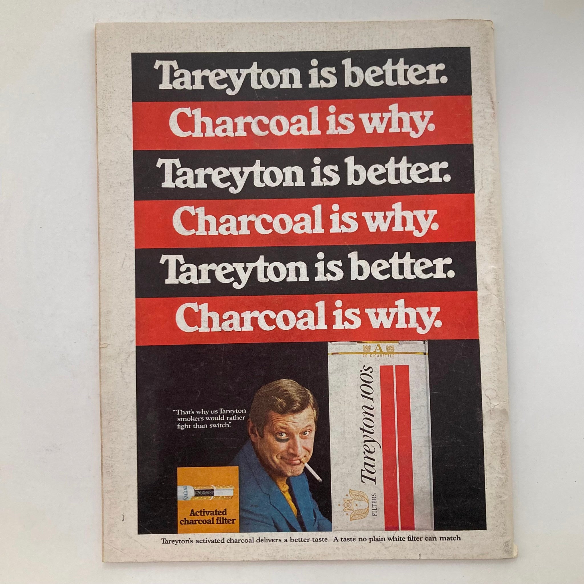 Advertisement page from VTG Newsweek Magazine March 8 1971 promoting Tareyton cigarettes with bold text and an image of a man, showcasing vintage advertising style.