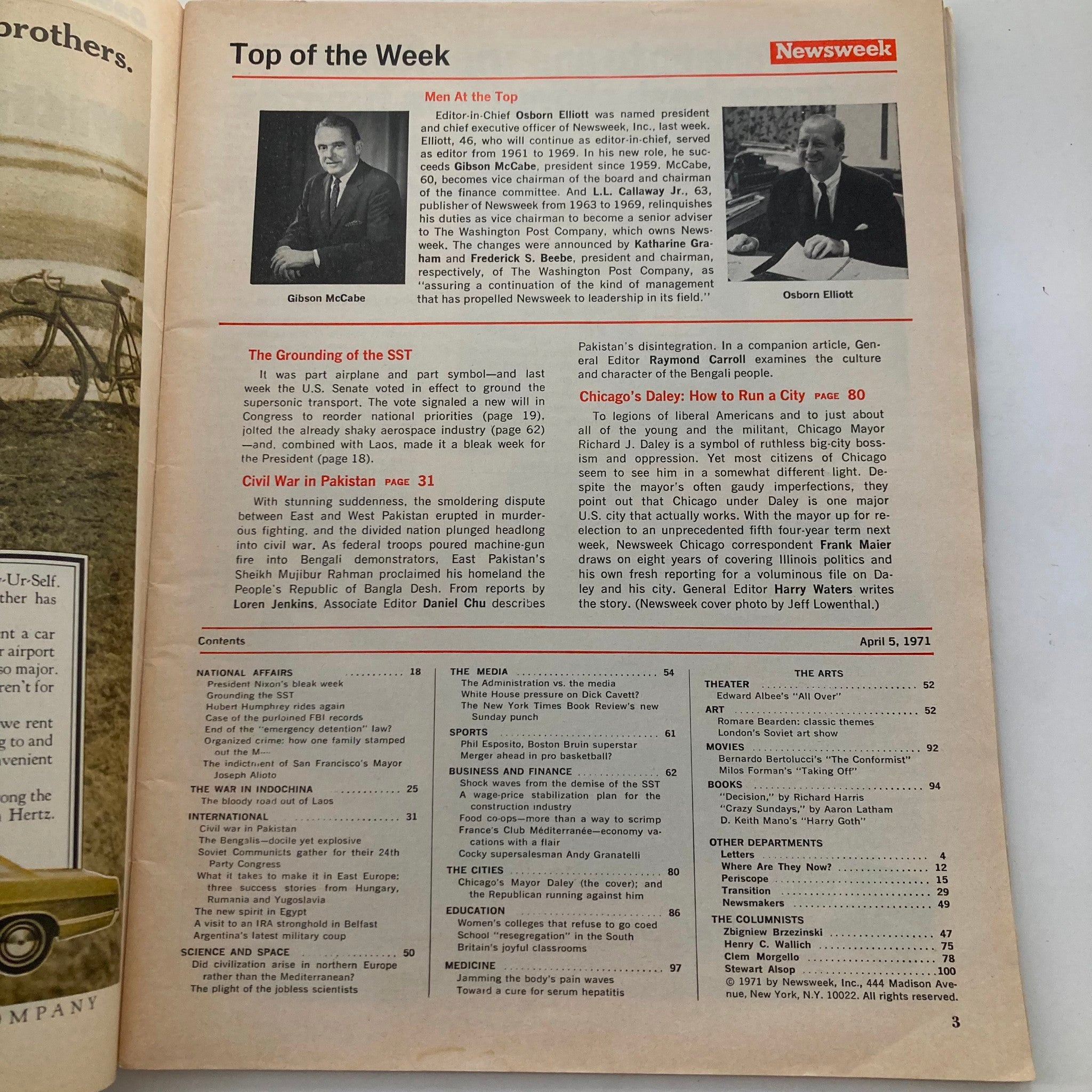 Inside page from VTG Newsweek Magazine April 5 1971 showcasing the contents, including an article about Mayor Richard J. Daley.