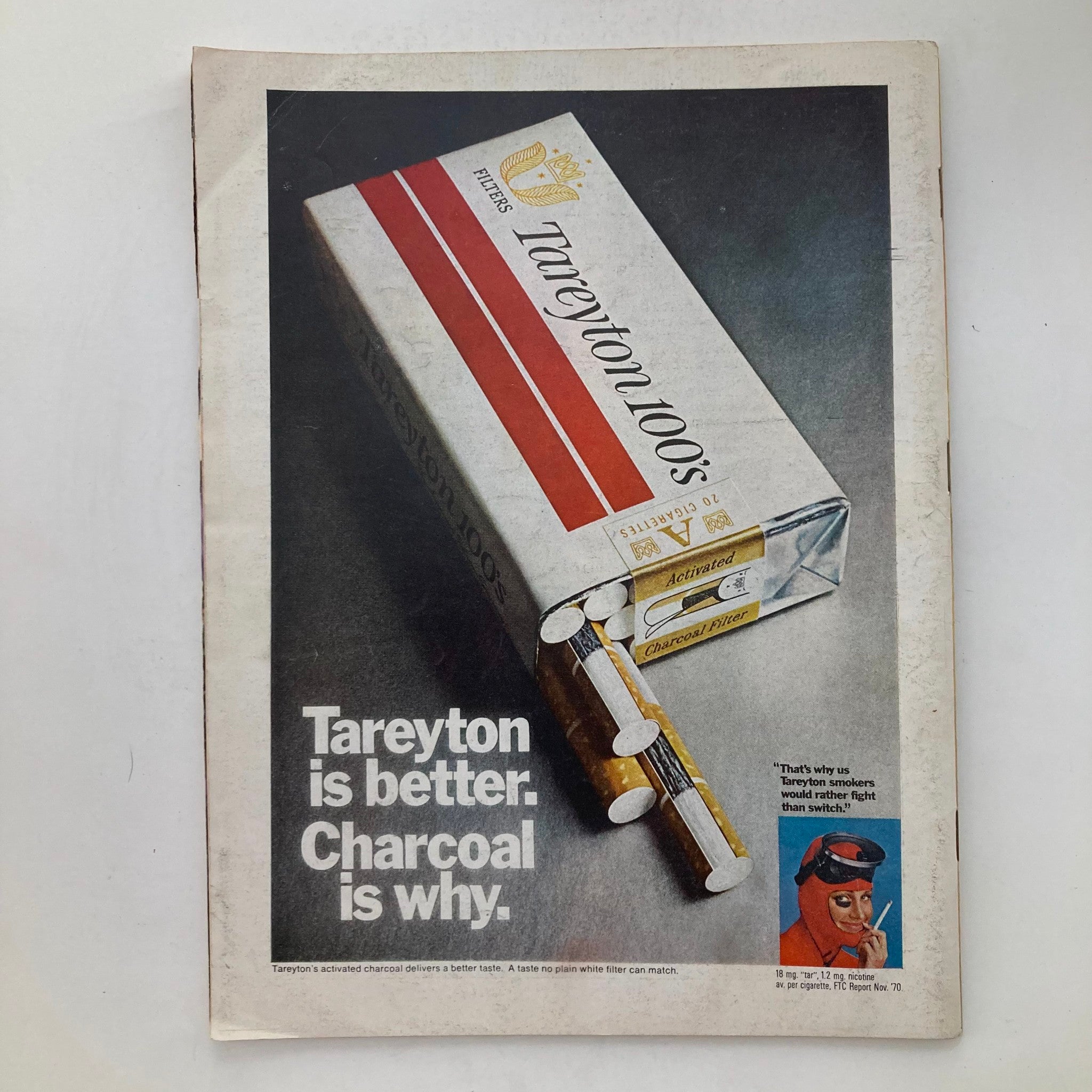 Advertisement from VTG Newsweek Magazine April 5 1971, promoting Tareyton cigarettes with the slogan 'Tareyton is better. Charcoal is why.'