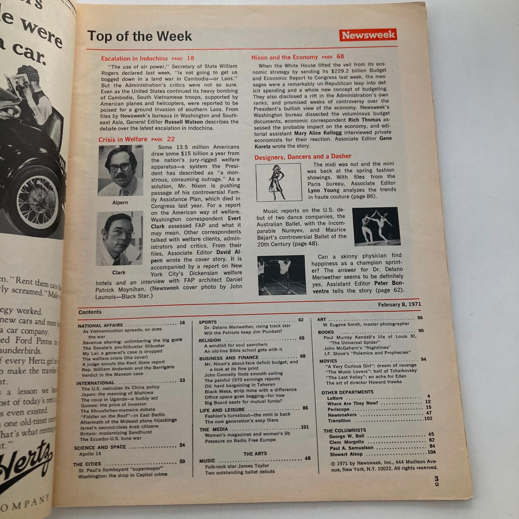 Inside page from the February 8, 1971, edition of Newsweek Magazine highlighting articles including 'Crisis in Welfare' and various topics covering national affairs, culture, and events of the time.