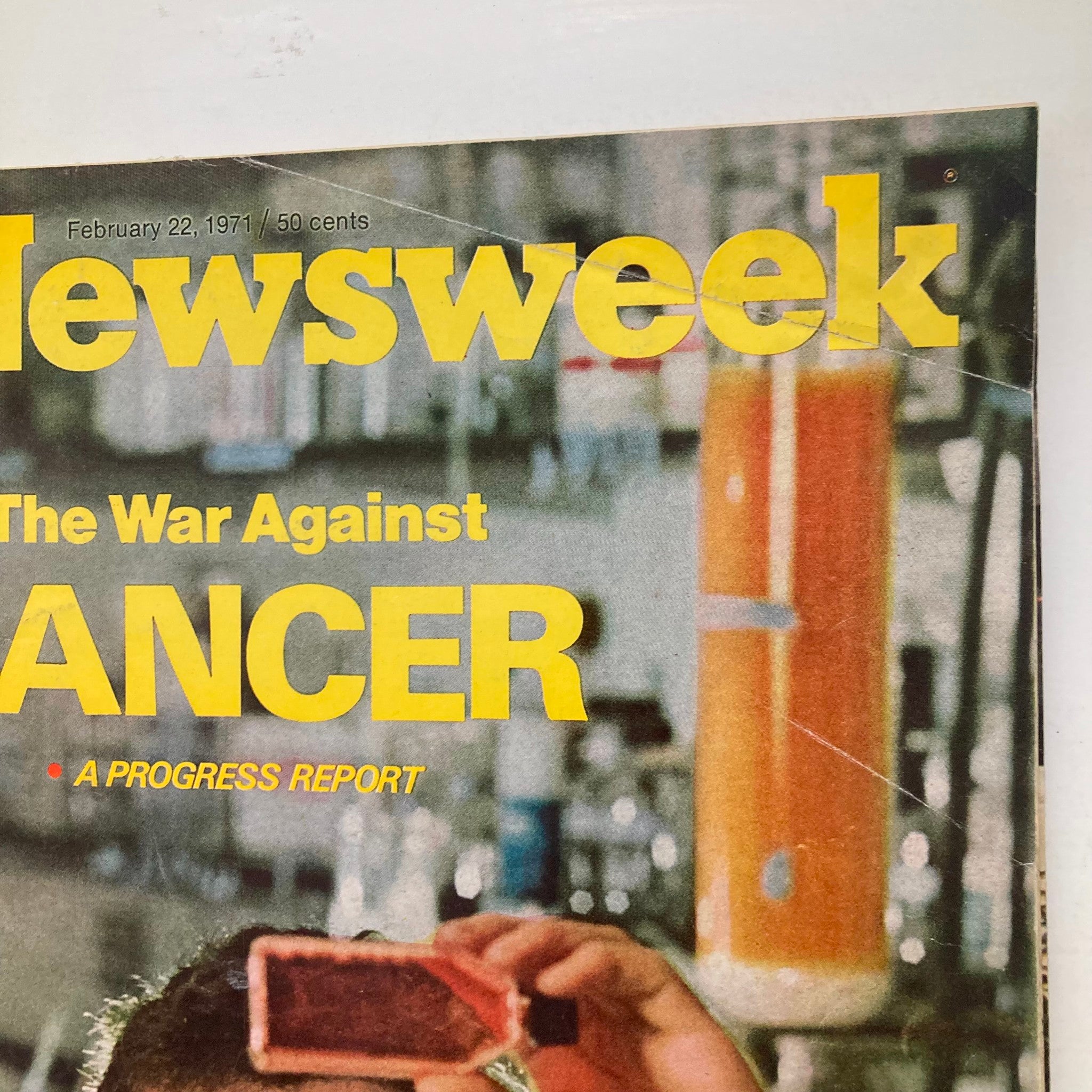 Close-up of the cover of VTG Newsweek Magazine February 22 1971 showcasing Howard M. Temin and the article 'The War Against Cancer'.