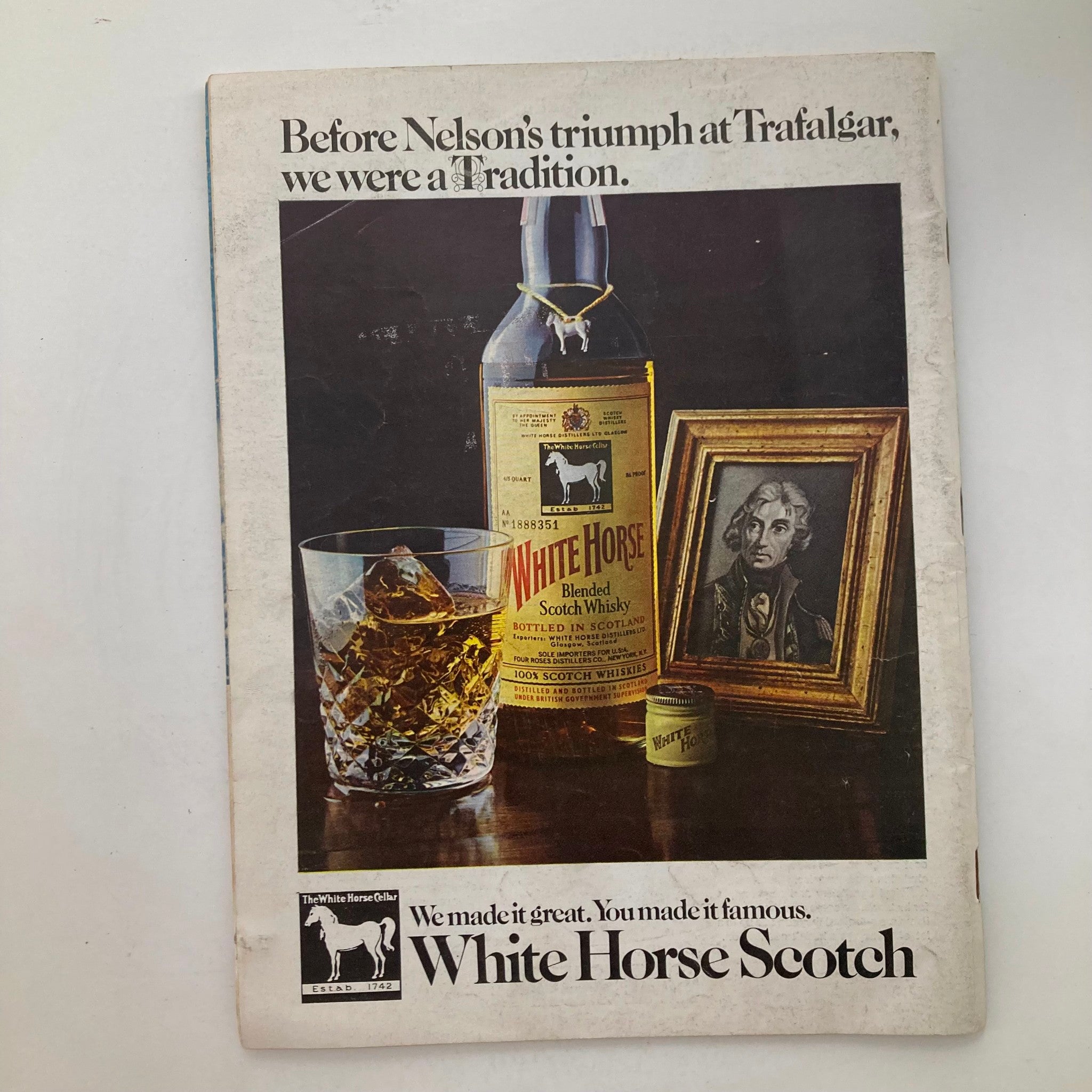 Ad page from VTG Newsweek Magazine February 22 1971 for White Horse Scotch, showcasing a bottle and glass of whisky.