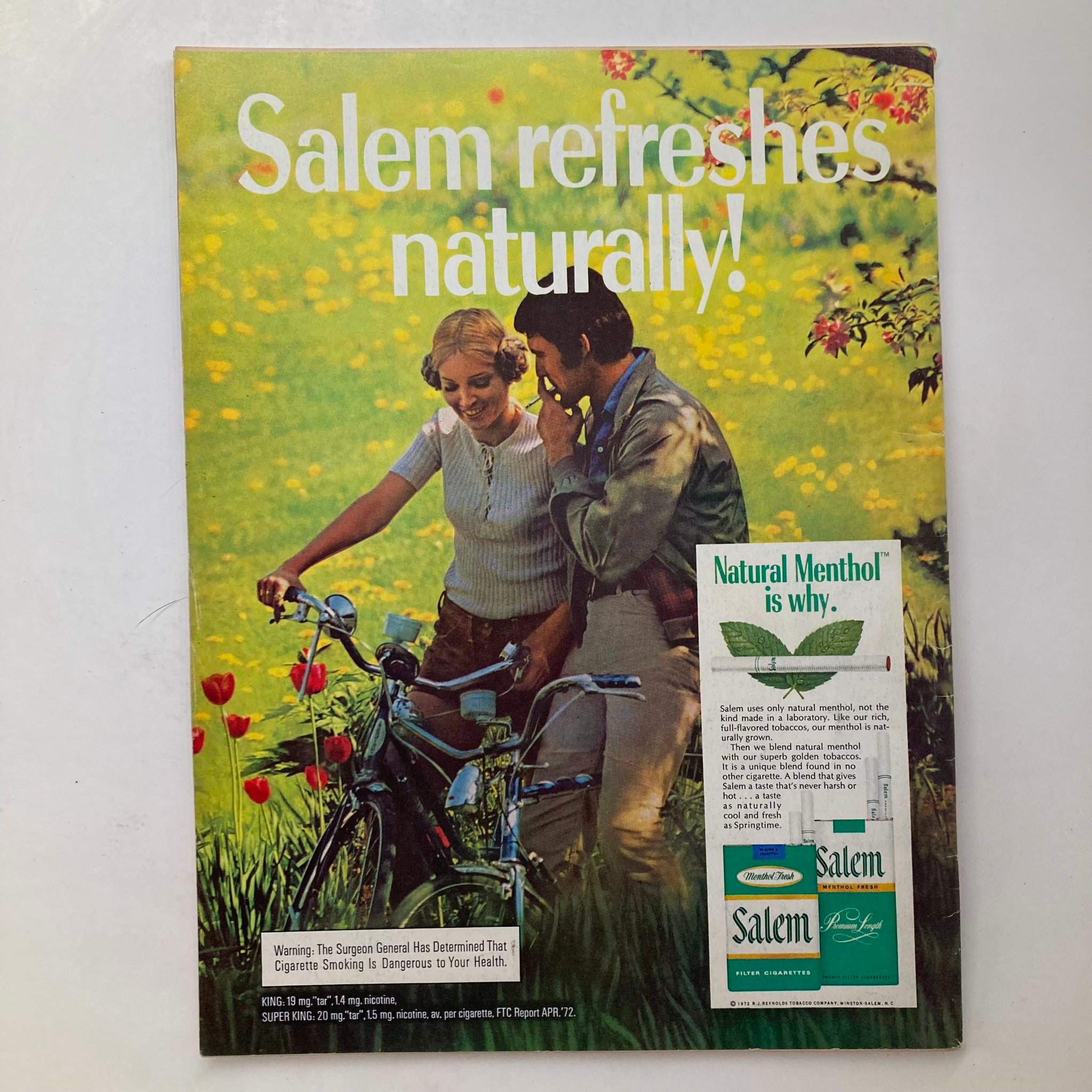Back cover of VTG Newsweek Magazine August 21, 1972 displaying an advertisement for Salem cigarettes with a couple on bicycles, highlighting the theme 'Salem refreshes naturally'.