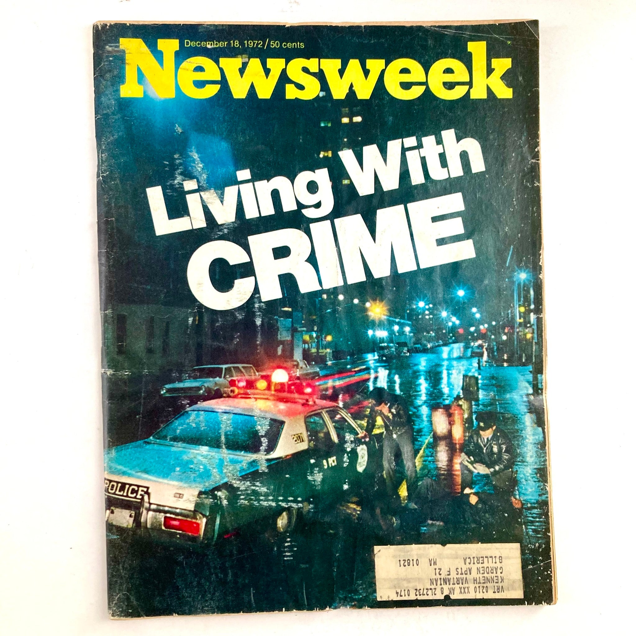 Vintage Newsweek Magazine Cover dated December 18, 1972, featuring the title 'Living with Crime' with a police scene, reflecting urban crime issues in America.