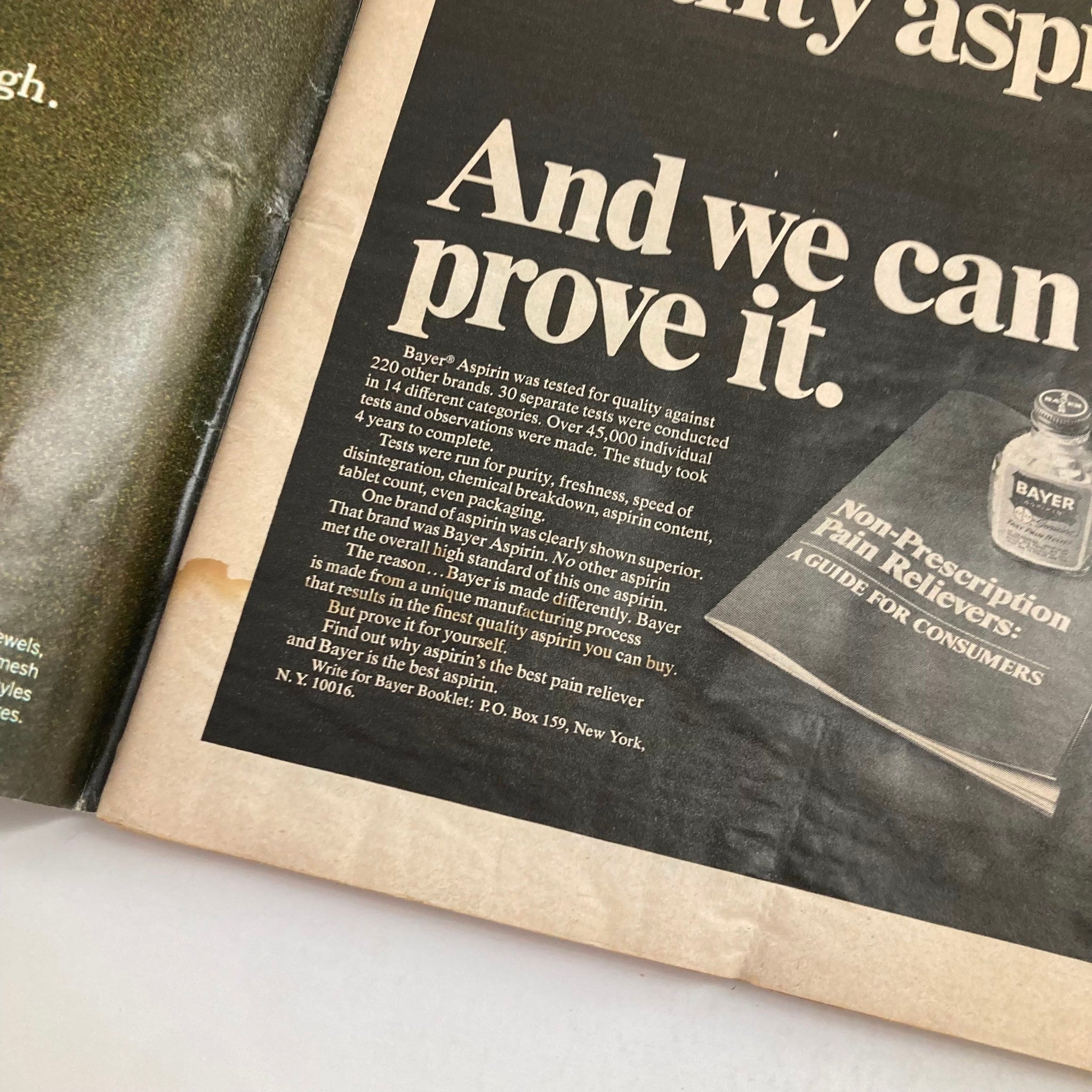 Interior page of the Vintage Newsweek Magazine from December 18, 1972, showcasing an advertisement for Bayer Aspirin that discusses its quality and purity.