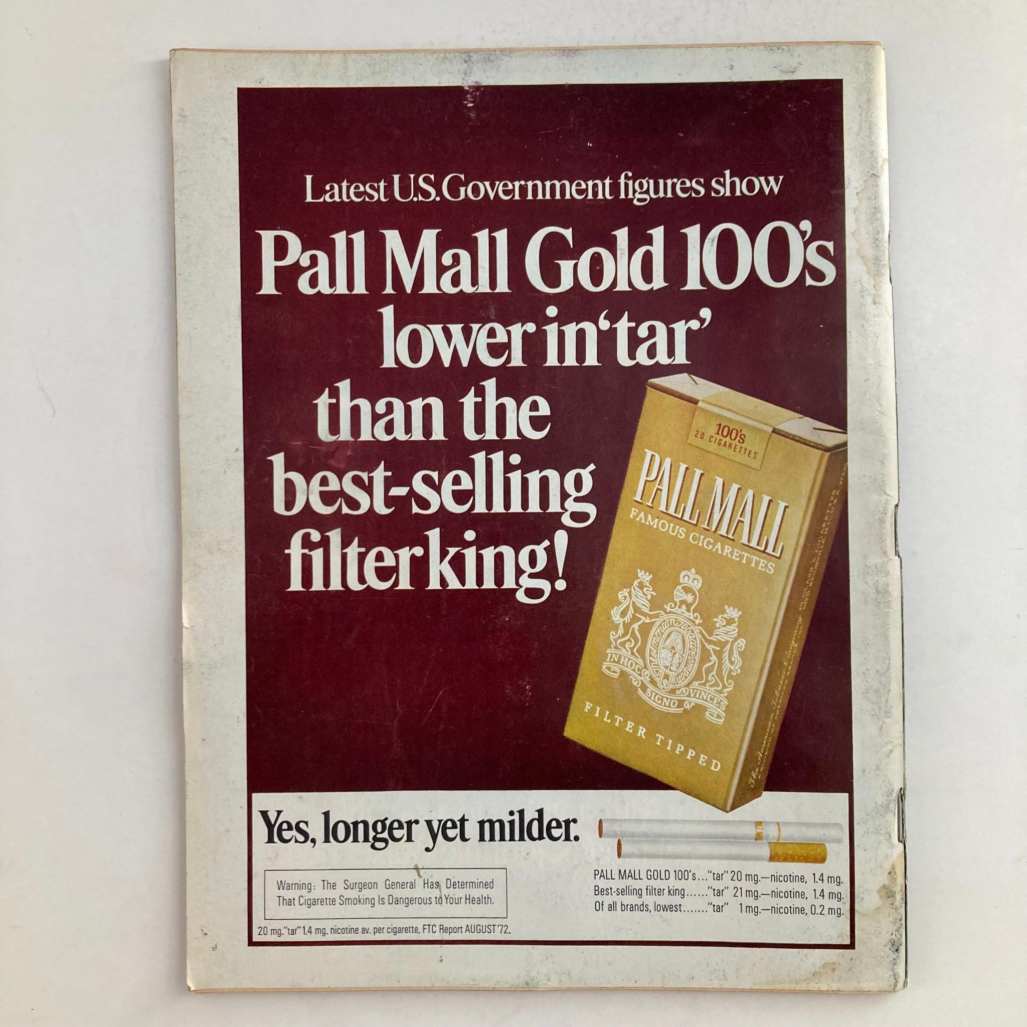 Vintage Newsweek magazine cover dated December 18, 1972, featuring an advertisement for Pall Mall Gold cigarettes, highlighting tobacco figures and promoting lower tar content.