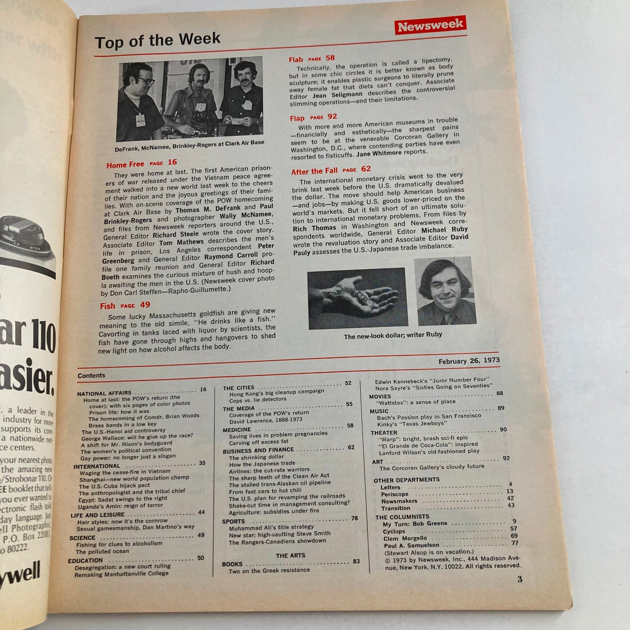 Interior page from the February 26, 1973 Newsweek magazine, featuring content related to current affairs and articles including a discussion on American POWs. Title includes 'VTG Newsweek Magazine February 26 1973 Lt. Cmdr. Paul Galanti and Wife'.