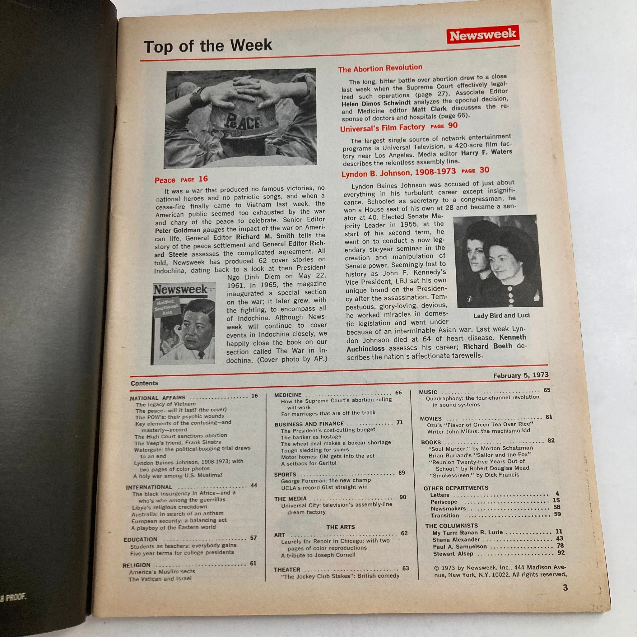Interior page of VTG Newsweek Magazine February 5 1973 displaying the contents section, highlighting articles related to peace and cultural reflections of the era.