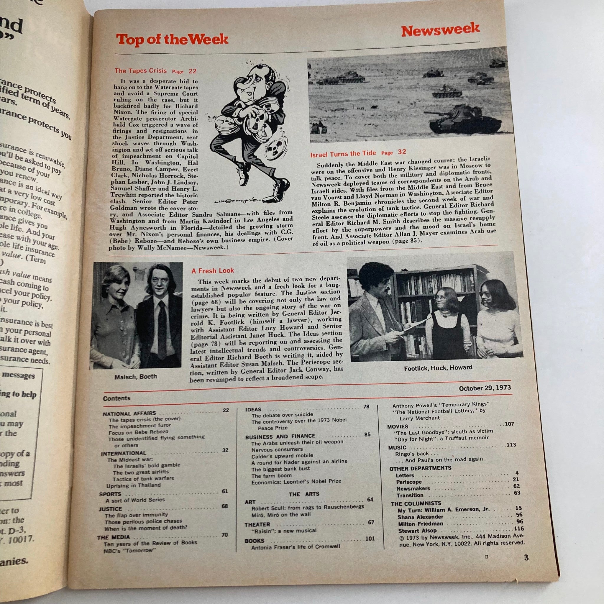 Interior page of VTG Newsweek Magazine October 29 1973 featuring 'The Tapes Crisis' article and contents overview, highlighting key historical context.
