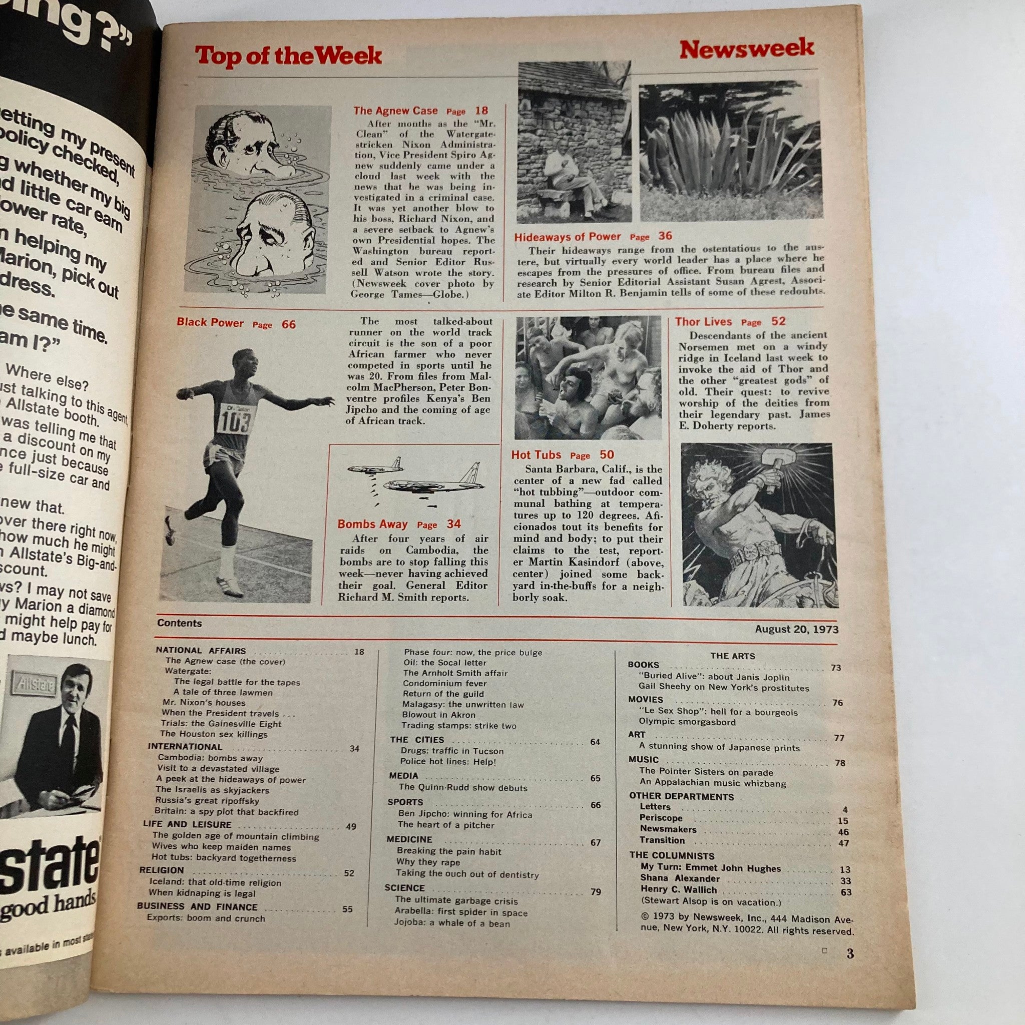 Interior page of the VTG Newsweek Magazine August 20, 1973 showing the contents including 'The Agnew Case' article and various feature sections reflecting the political climate of the era.