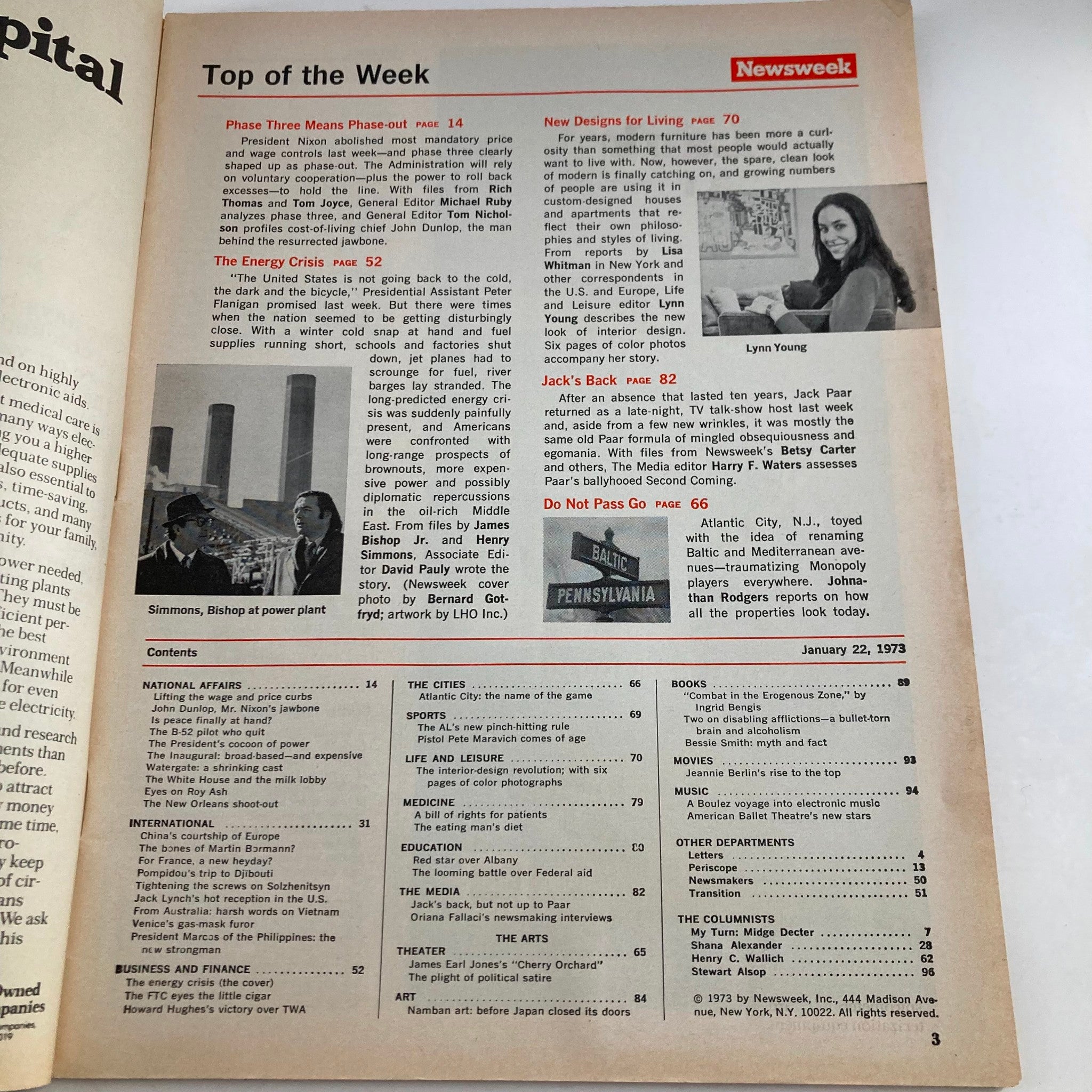 Inside page of VTG Newsweek Magazine from January 22, 1973, showing the contents section of the magazine, highlighting articles related to the energy crisis and other topical discussions of the era.