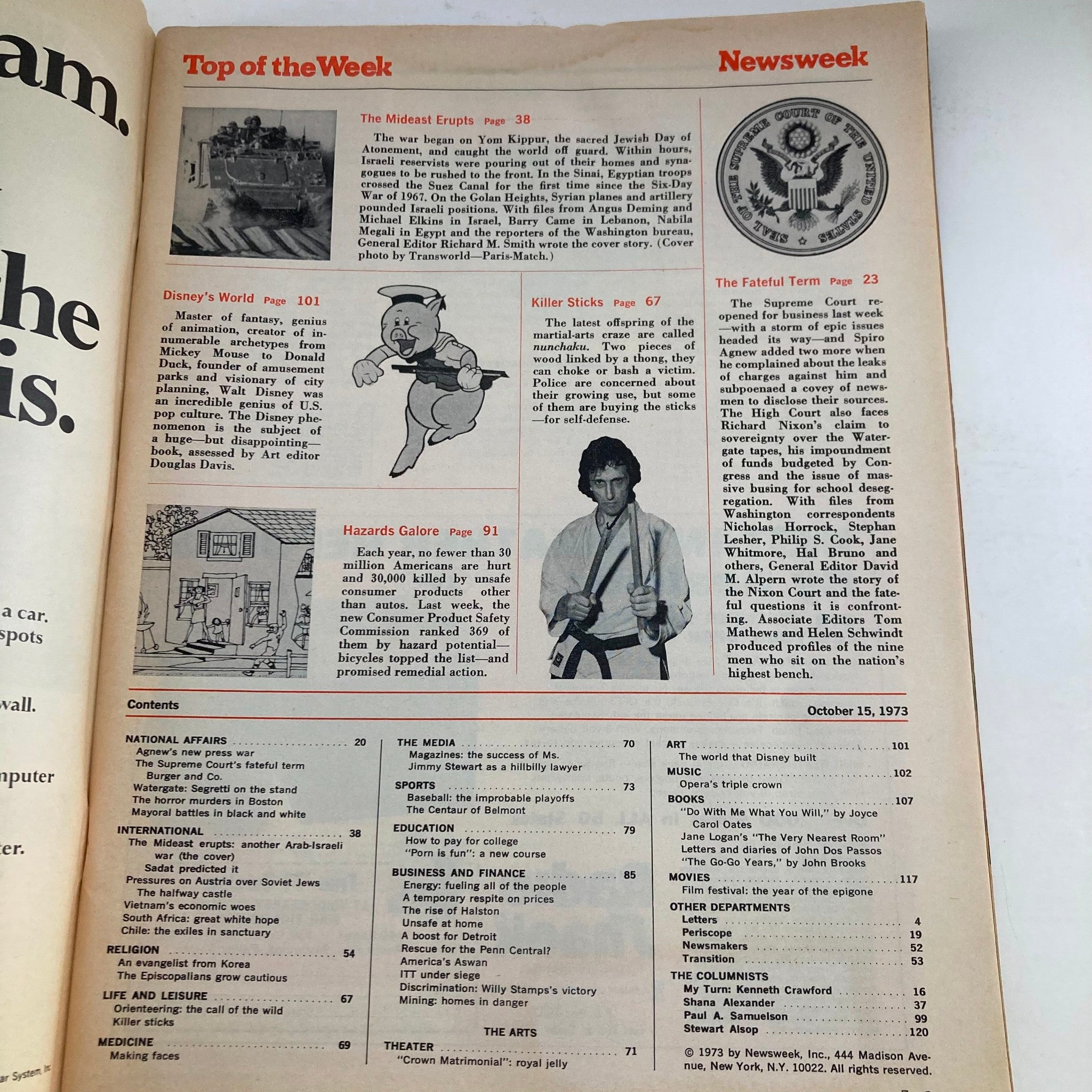 Inside page of Newsweek Magazine from October 15, 1973, featuring the article 'The Mideast Erupts' about the Yom Kippur War.