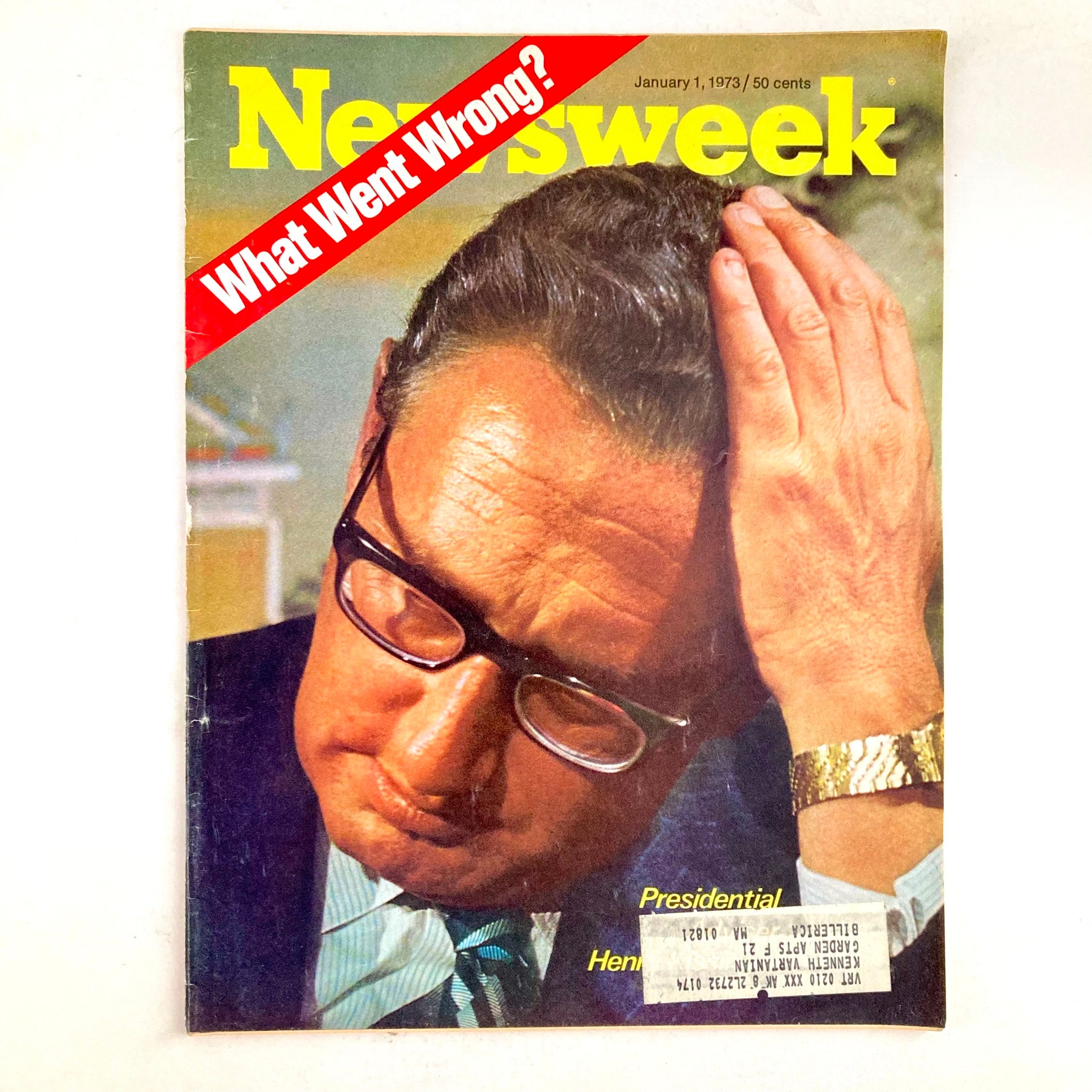 Cover of VTG Newsweek Magazine January 1, 1973 featuring Presidential Adviser Henry Kissinger, with a focus on the headline 'What Went Wrong?' and an image of Kissinger in deep thought.