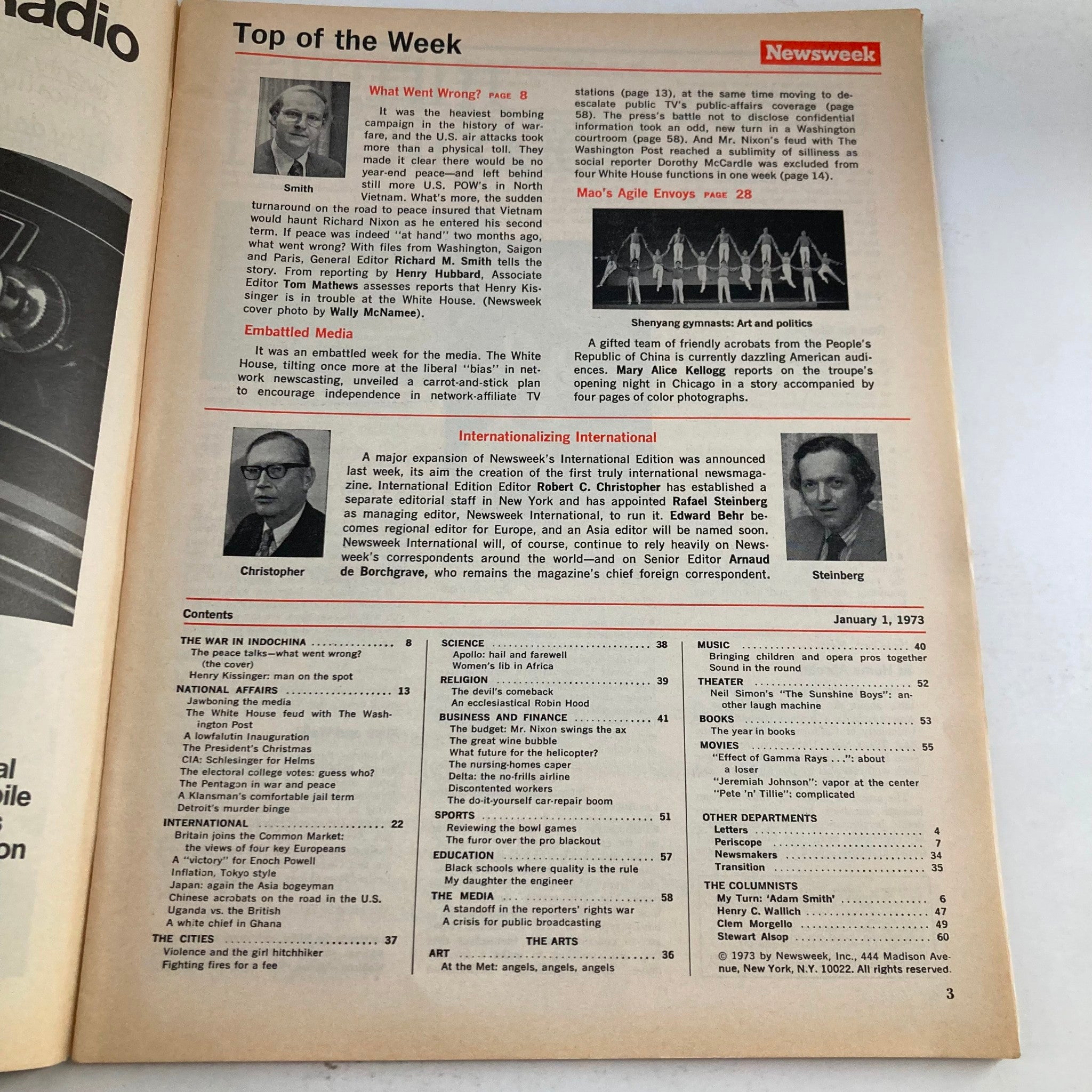Inside page of the VTG Newsweek Magazine January 1 1973 Presidential Adviser Henry Kissinger featuring articles and contents overview, showcasing historical context and key figures of the era.