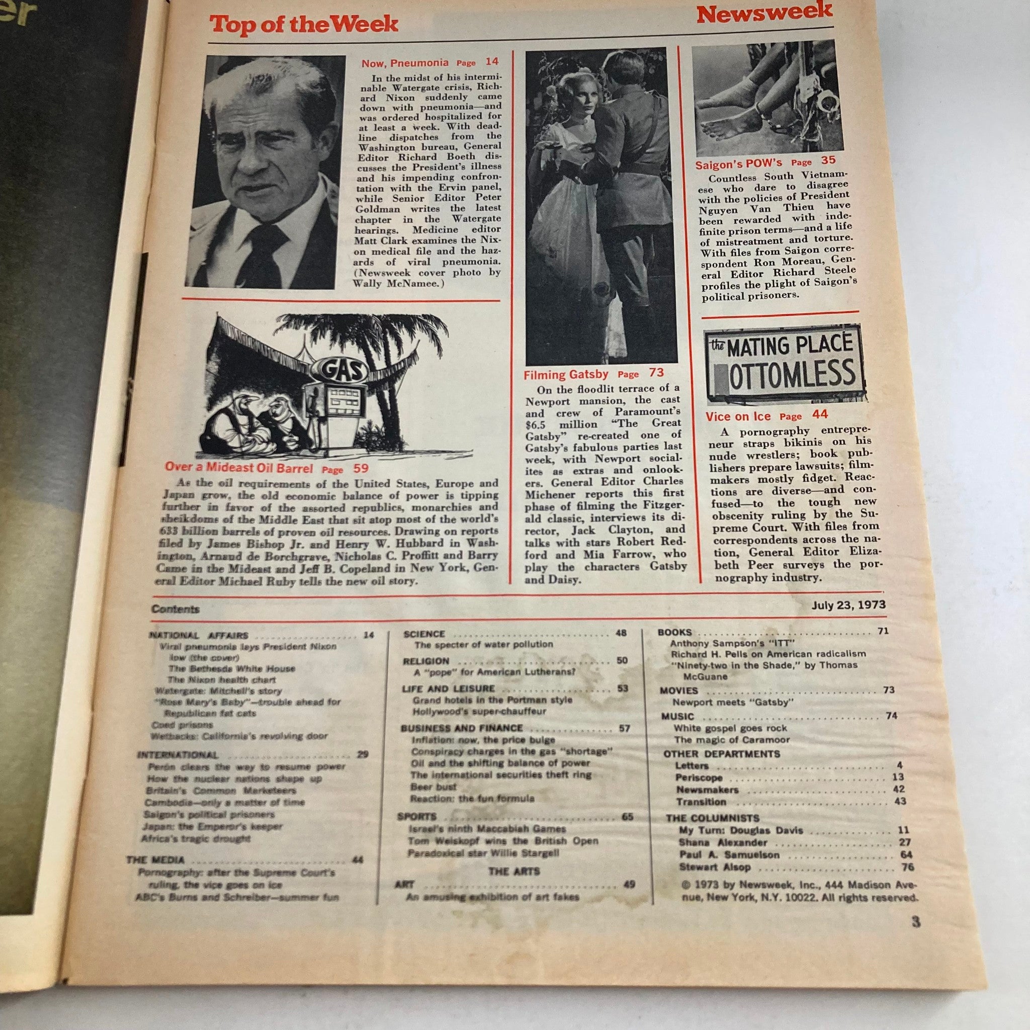 Interior page of VTG Newsweek Magazine July 23 1973 displaying content overview and articles including one on Nixon's pneumonia, showcasing historical significance.
