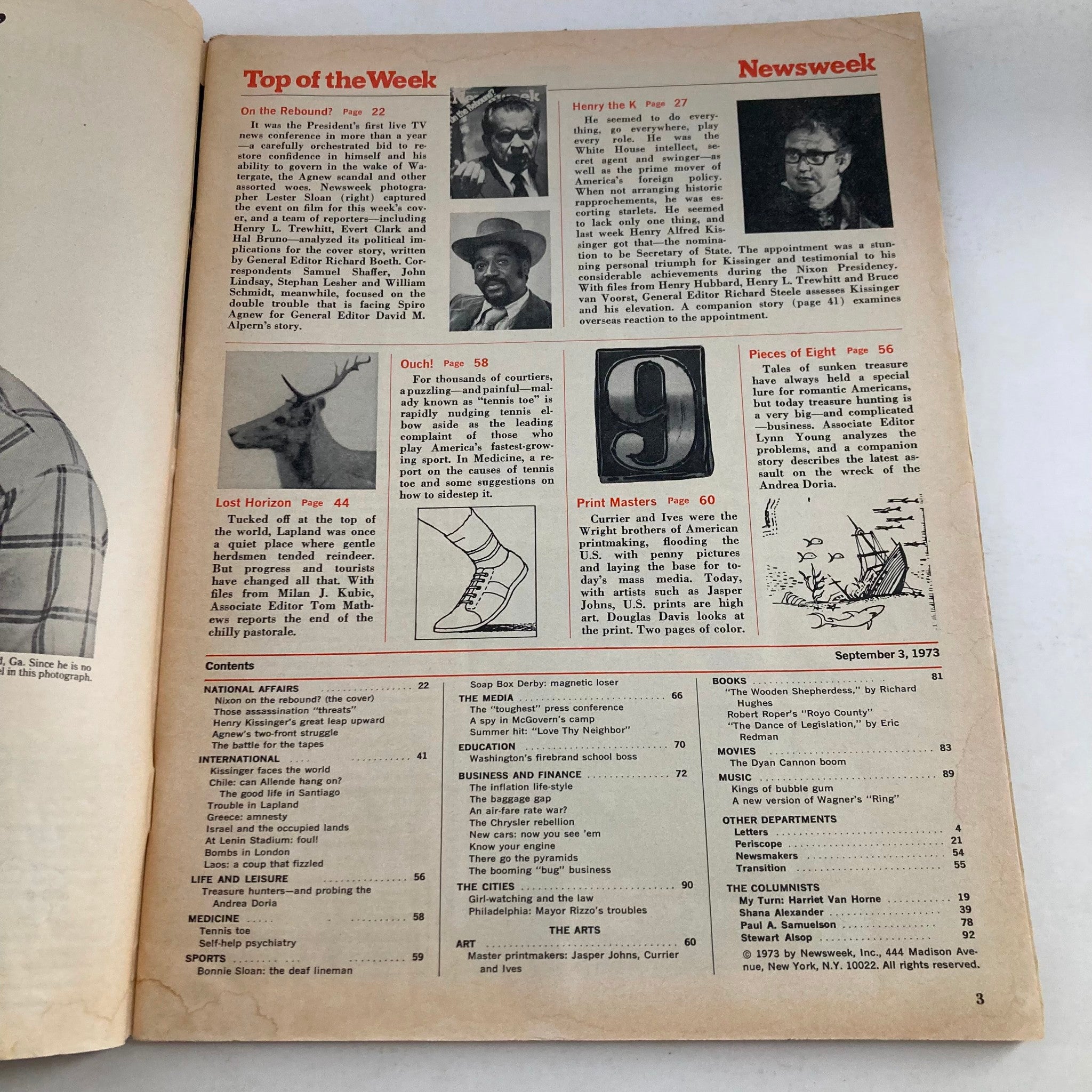 Interior page of VTG Newsweek Magazine September 3 1973 showcasing the table of contents and highlights from the issue including features on national affairs and cultural topics.