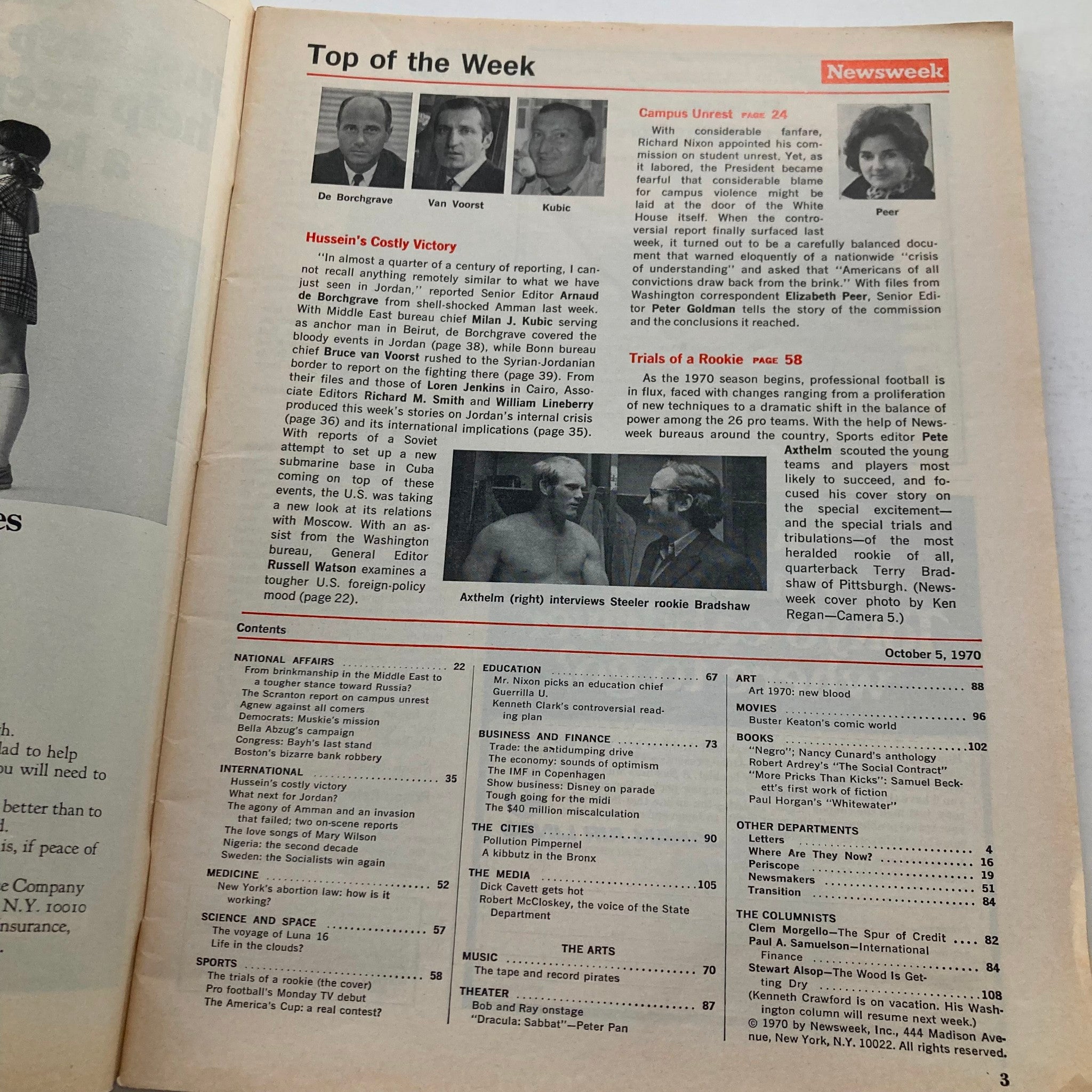 Inside page of the VTG Newsweek Magazine from October 5 1970, highlighting the article 'Trials of a Rookie' about Pittsburgh's Terry Bradshaw and the NFL.