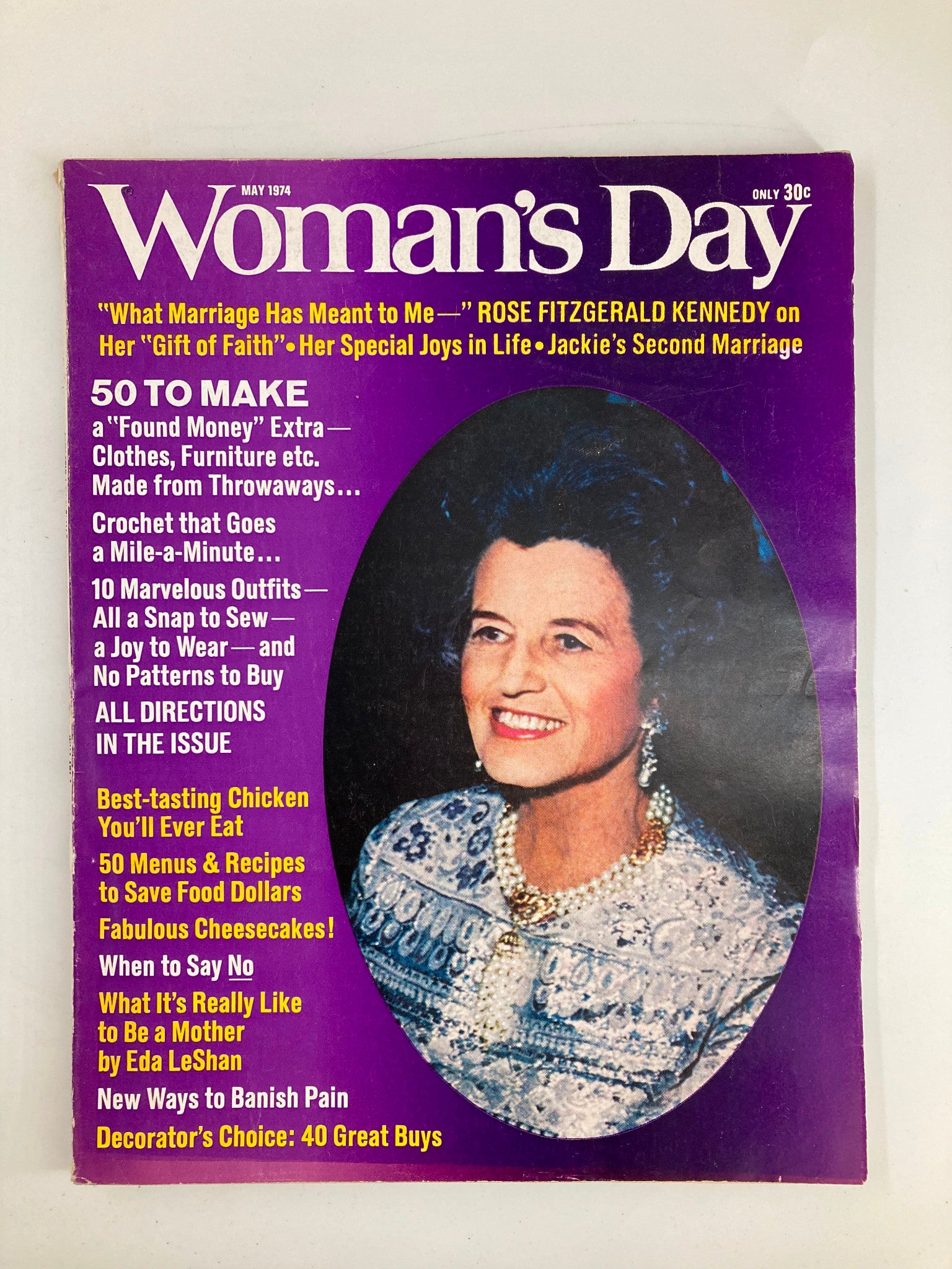 Vintage Woman's Day Magazine May 1974 featuring Rose F. Kennedy on the cover, showcasing articles and advertisements reflective of the 1970s.