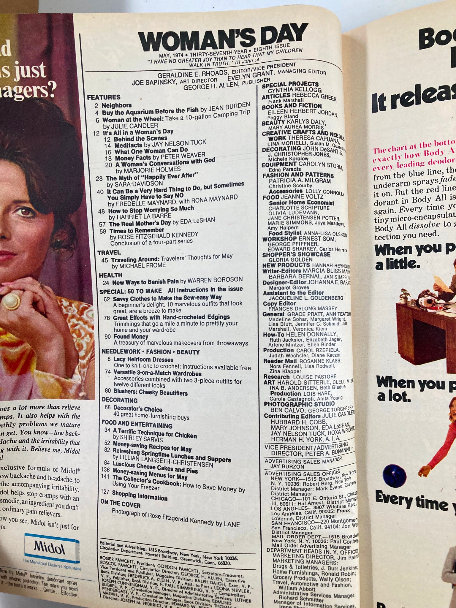 Inside page of Woman's Day Magazine May 1974, listing articles including Rose F. Kennedy's insights and various 1970s lifestyle topics.
