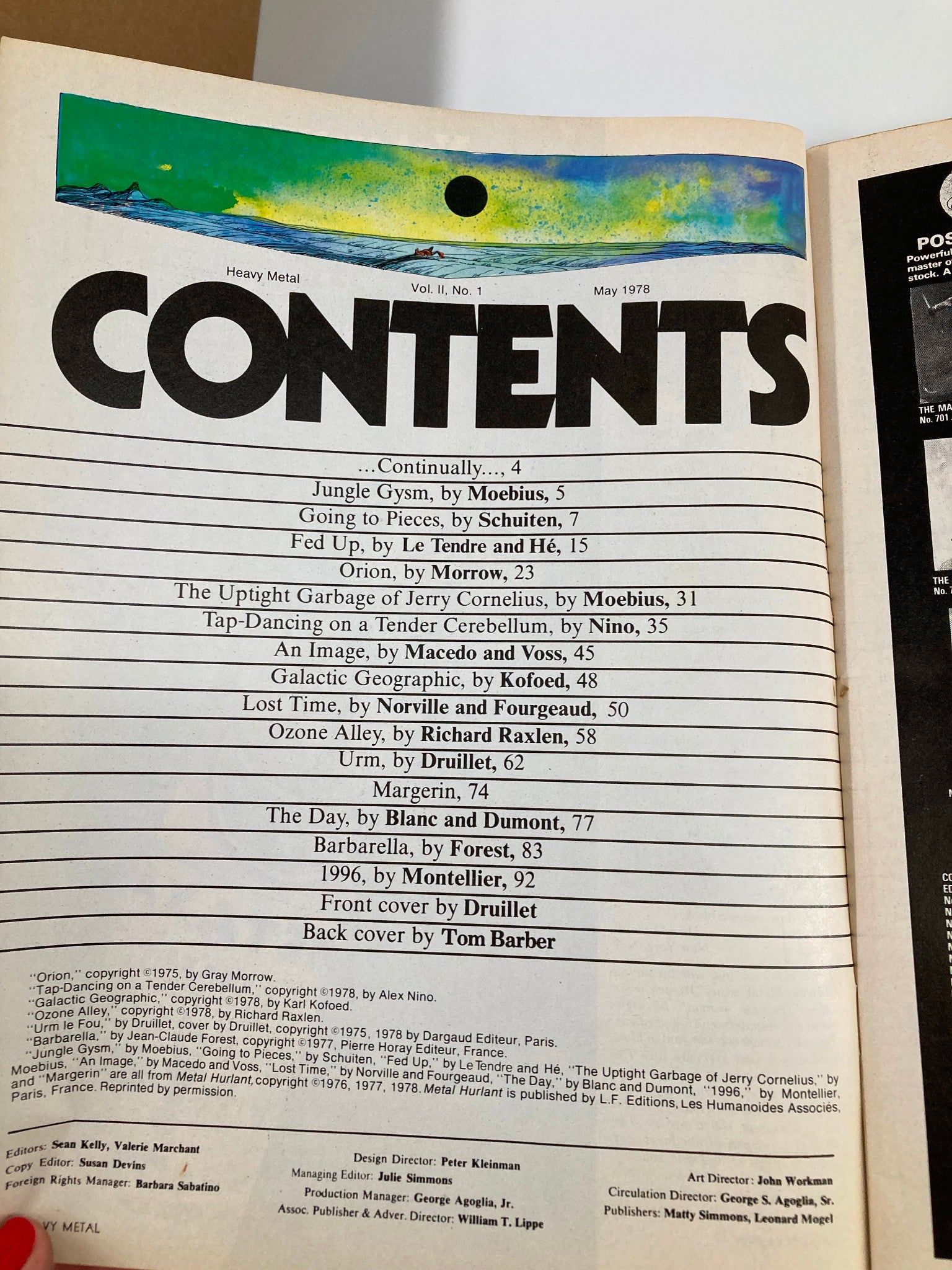 Contents page of VTG Heavy Metal Magazine May 1978, detailing various stories including 'The Uptight Garbage of Jerry Cornelius' and other notable works, emphasizing the magazine's diverse artistic contributions.