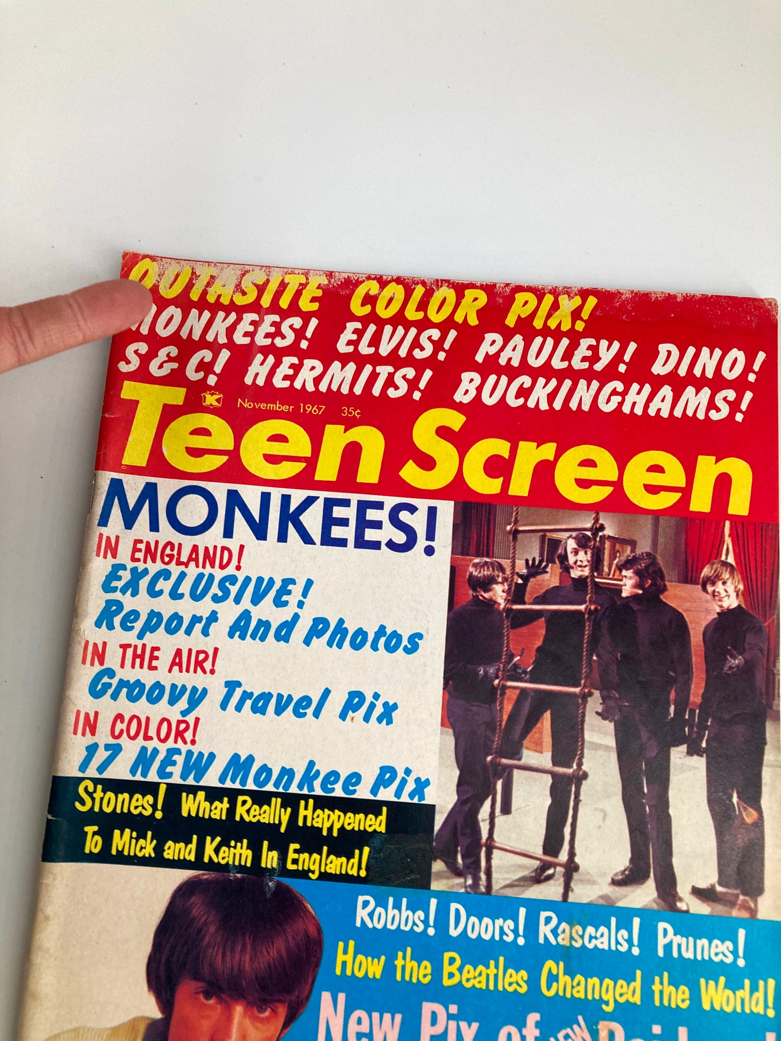 Close-up view of the VTG Teen Screen Magazine November 1967 cover emphasizing The Monkees and Elvis, depicting vibrant colors and enticing headlines.