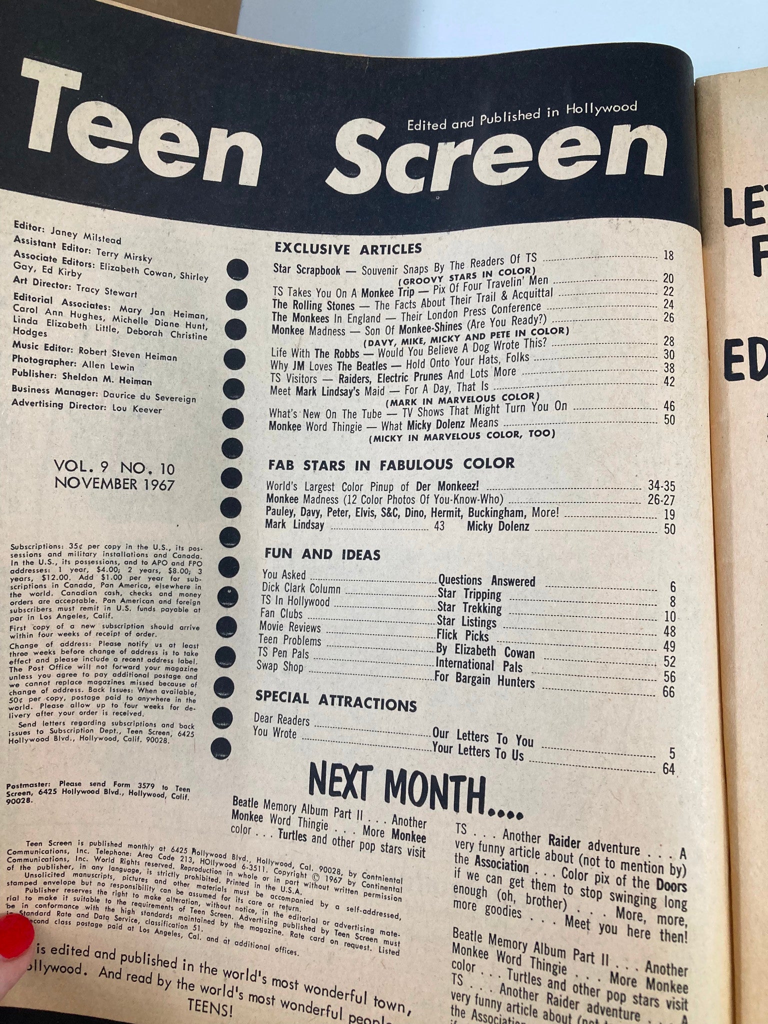 Inside page of the VTG Teen Screen Magazine November 1967 displaying the table of contents and featured articles including exclusive features about The Beatles and Monkees.