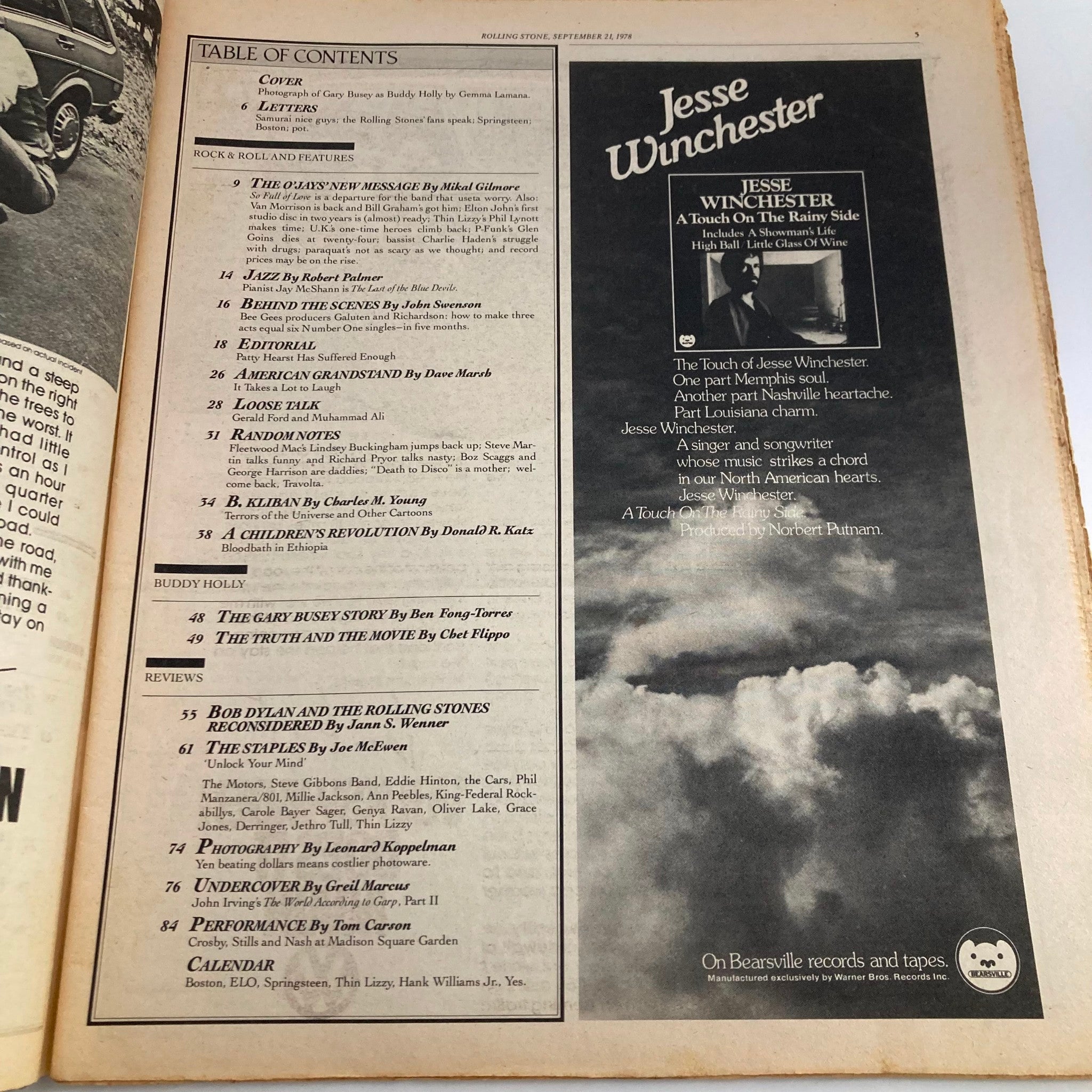 Table of contents from Rolling Stone Magazine issue No. 274 dated September 21, 1978, highlighting articles including The Gary Busey Story.
