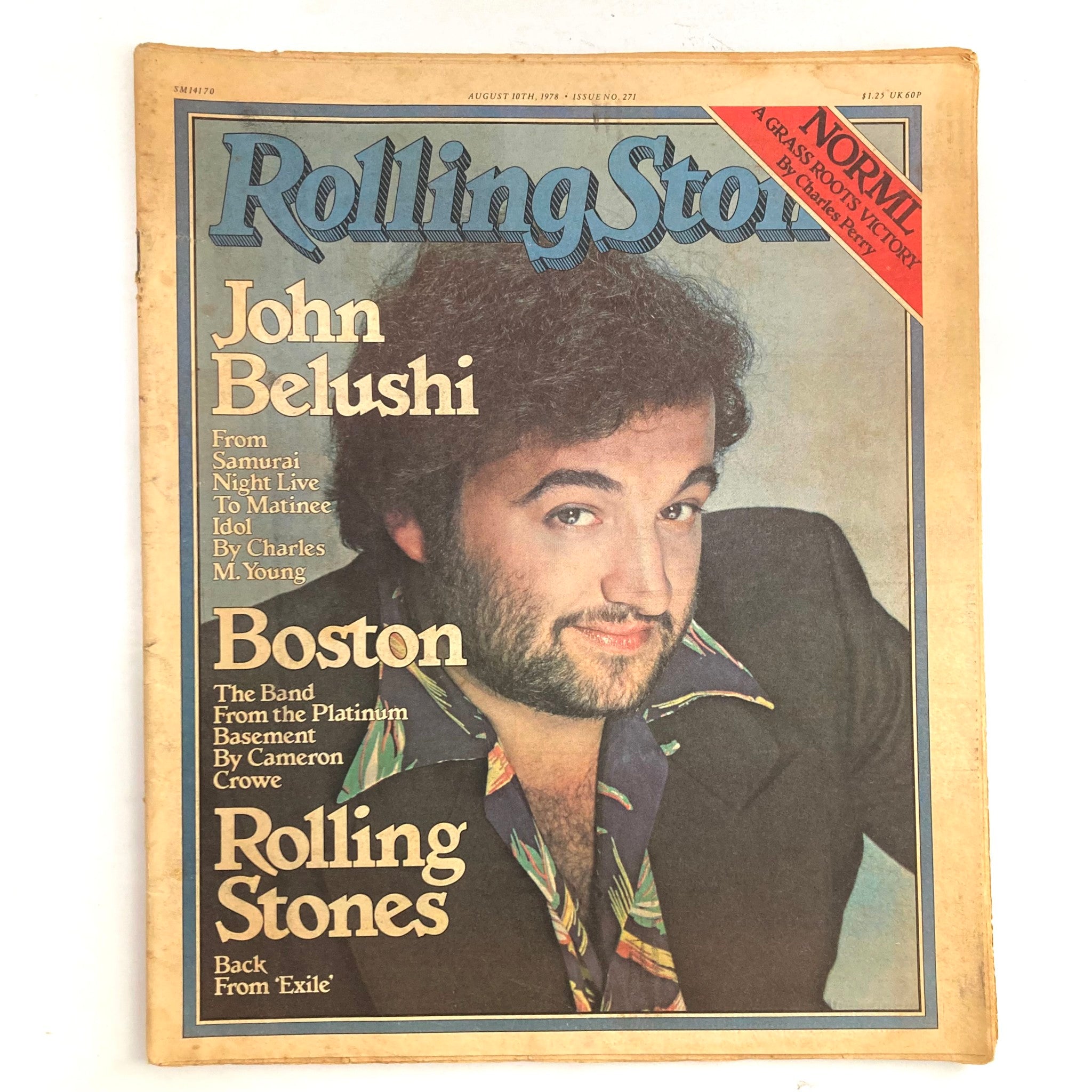 Cover of Rolling Stone Magazine August 10 1978, No. 271 featuring John Belushi, highlighting articles about Boston and Rolling Stones with a vibrant design.