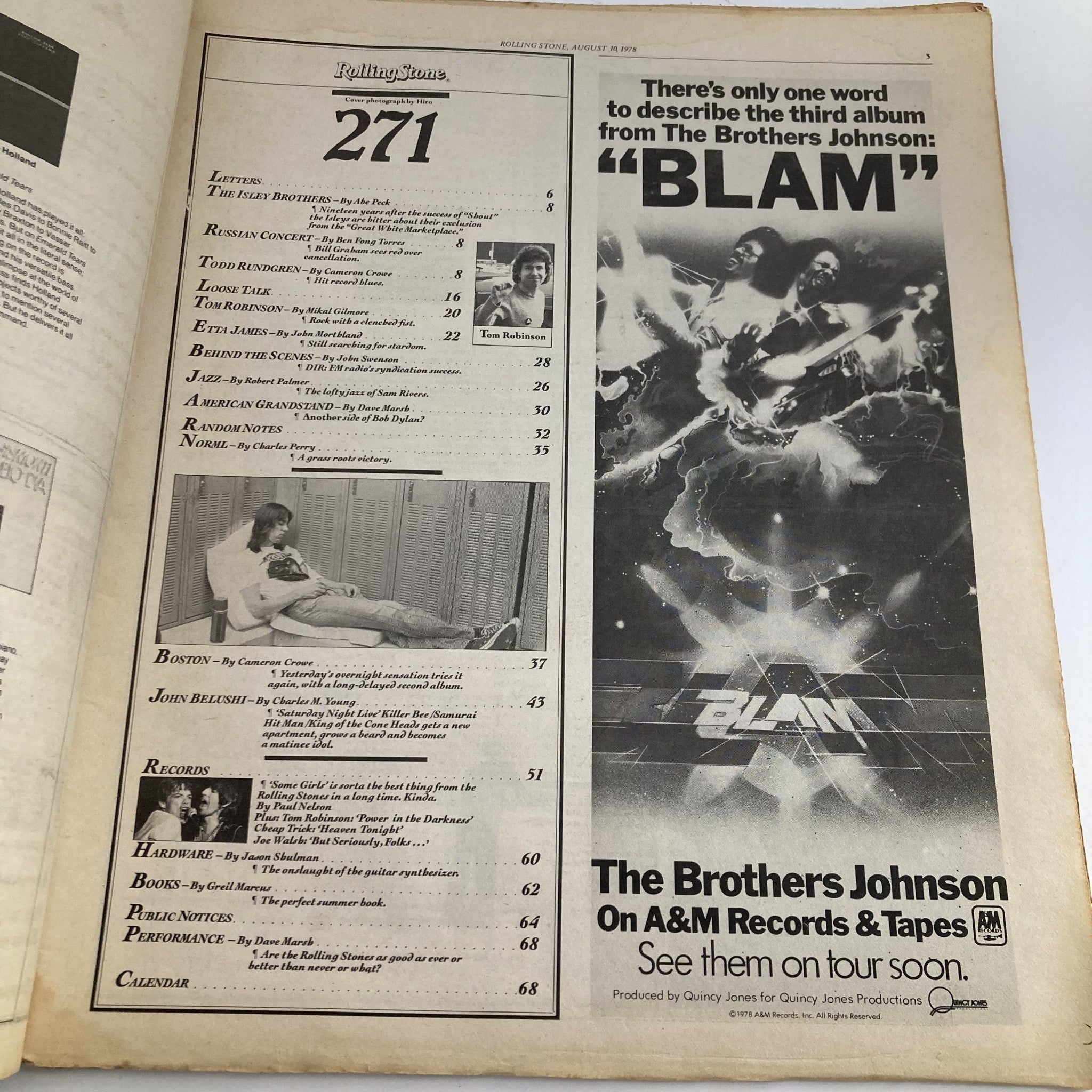 Inside page of Rolling Stone Magazine August 10 1978, No. 271 displaying the contents list, featuring articles on John Belushi and Boston, showcasing the magazine's cultural significance.