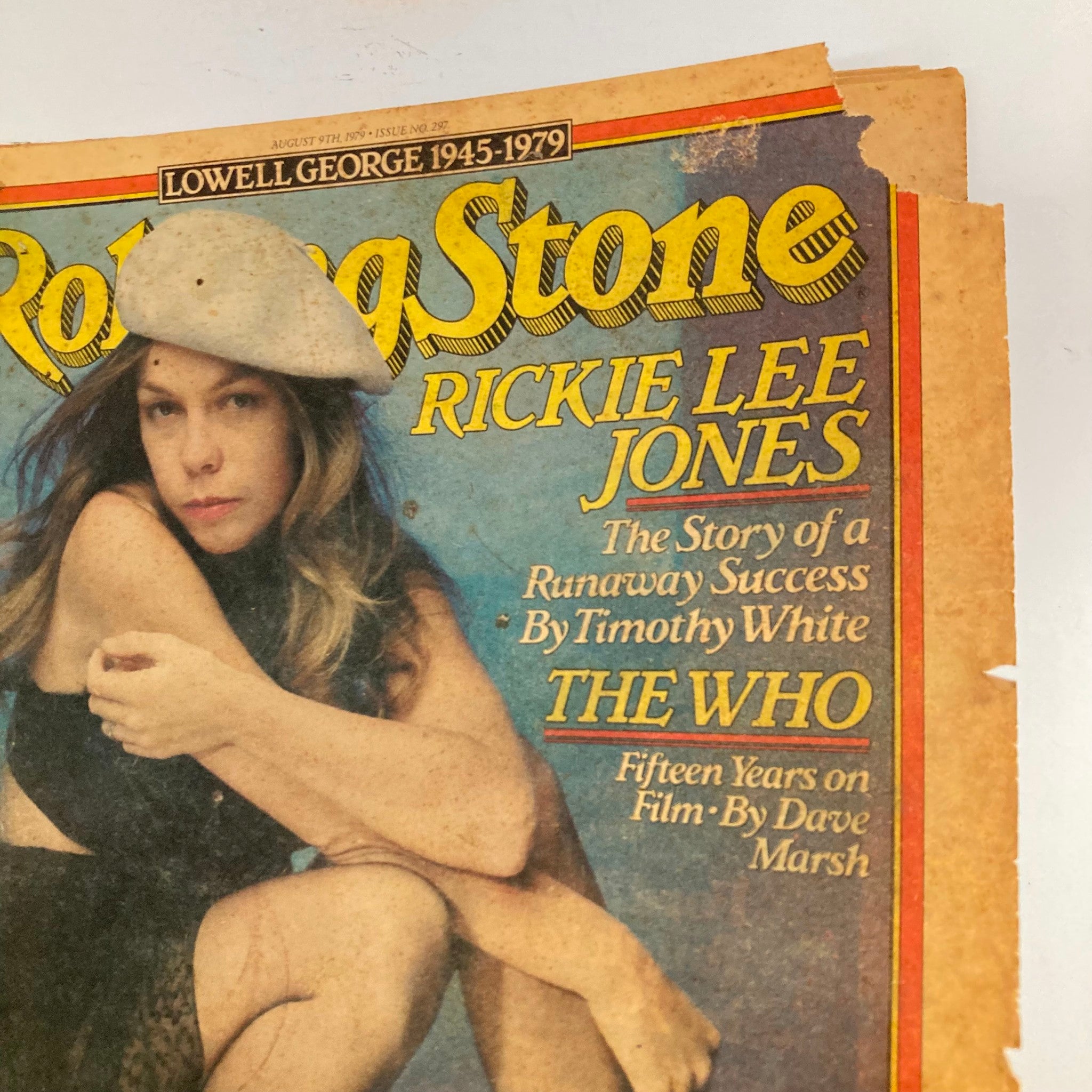 Close-up view of the cover from Rolling Stone Magazine August 9, 1979, showcasing Rickie Lee Jones, with details on content related to her and The Who.