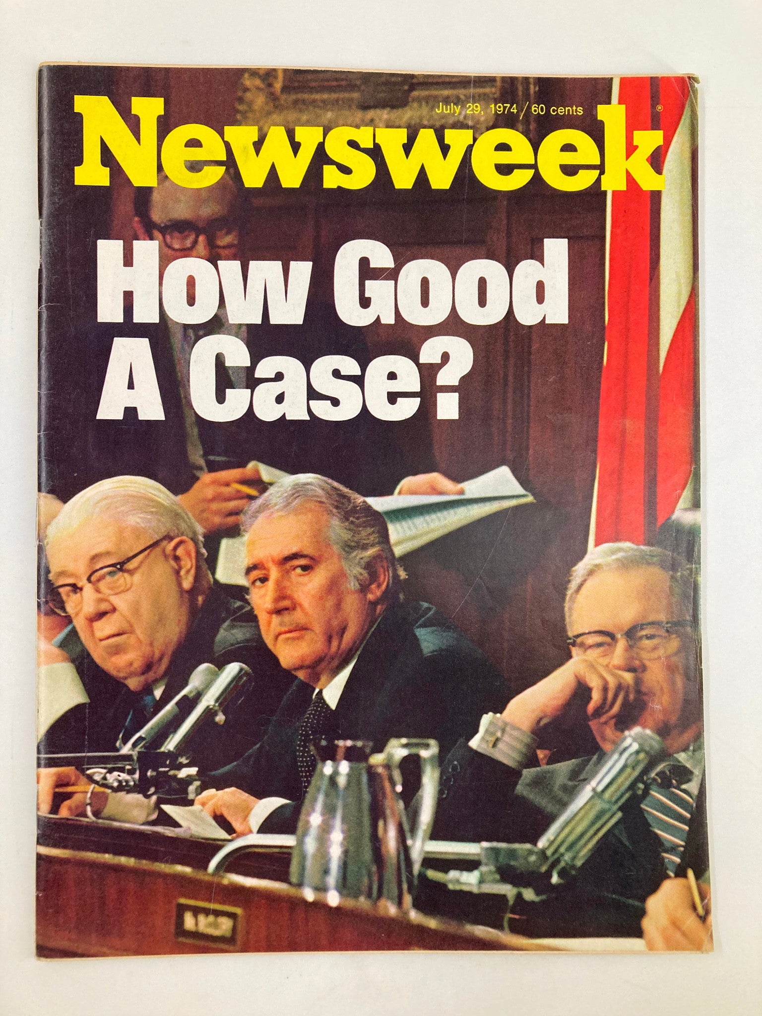 Cover of the vintage Newsweek magazine dated July 29, 1974, featuring the title 'How Good A Case?' with prominent imagery of three men in a congressional hearing context.