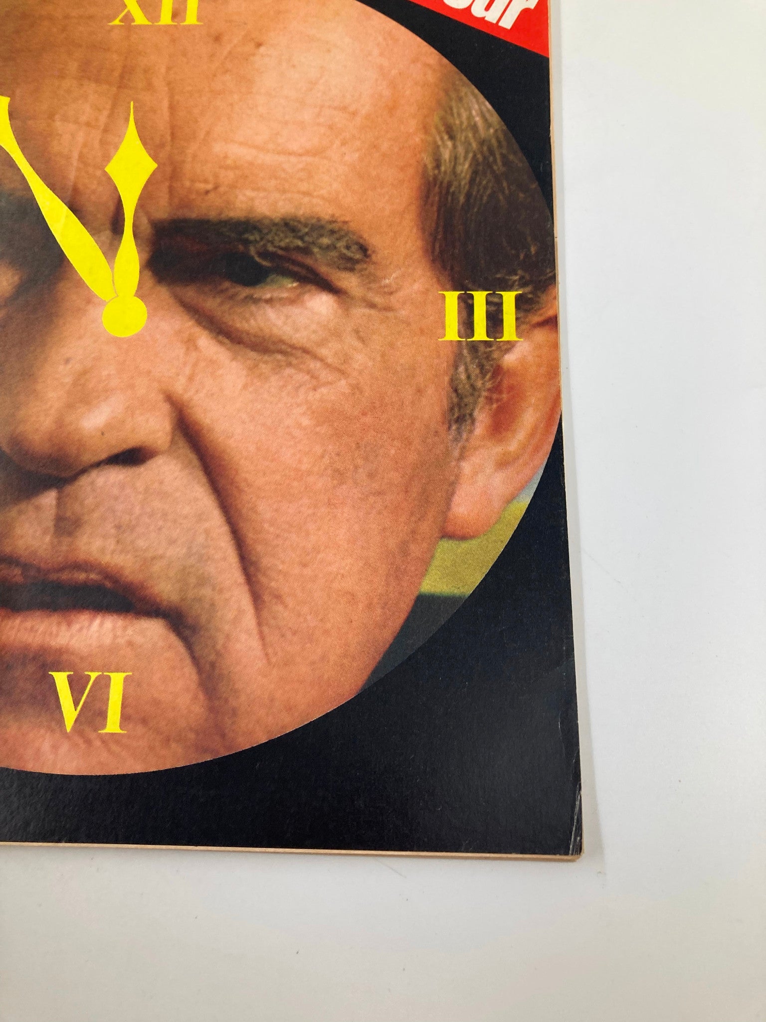Close-up of the VTG Newsweek Magazine August 12 1974 cover highlighting Richard Nixon's face with a clock graphic and the words 'The Eleventh Hour'.
