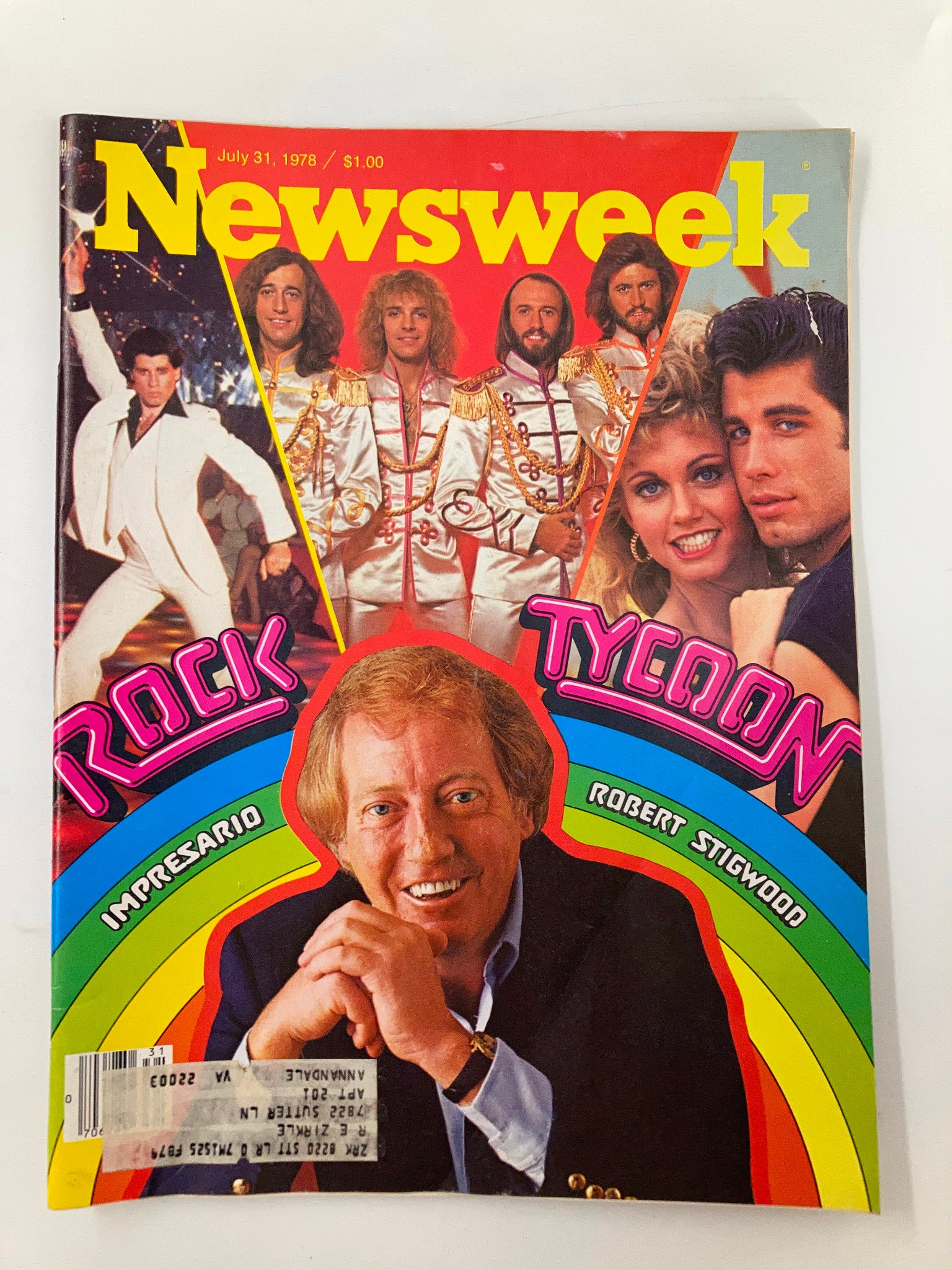 Cover of Newsweek Magazine from July 31, 1978, featuring rock tycoon Robert Stigwood, with vibrant colors and iconic images of 70s music artists.