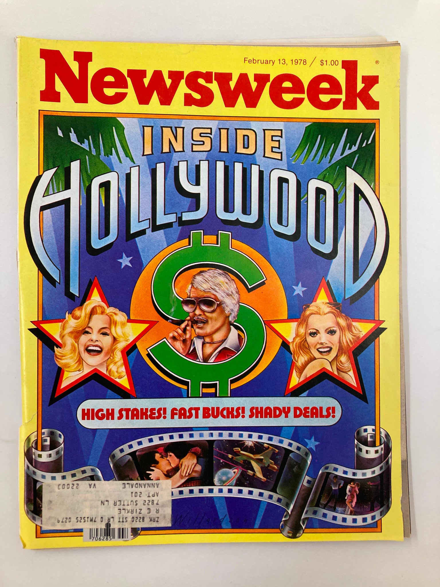 Cover of the VTG Newsweek Magazine February 13 1978 featuring the title 'Inside Hollywood' with vibrant graphics, a money symbol, and headlines focusing on 'High Stakes! Fast Bucks! Shady Deals!' This vintage magazine offers an in-depth look at the entertainment industry during the 1970s.