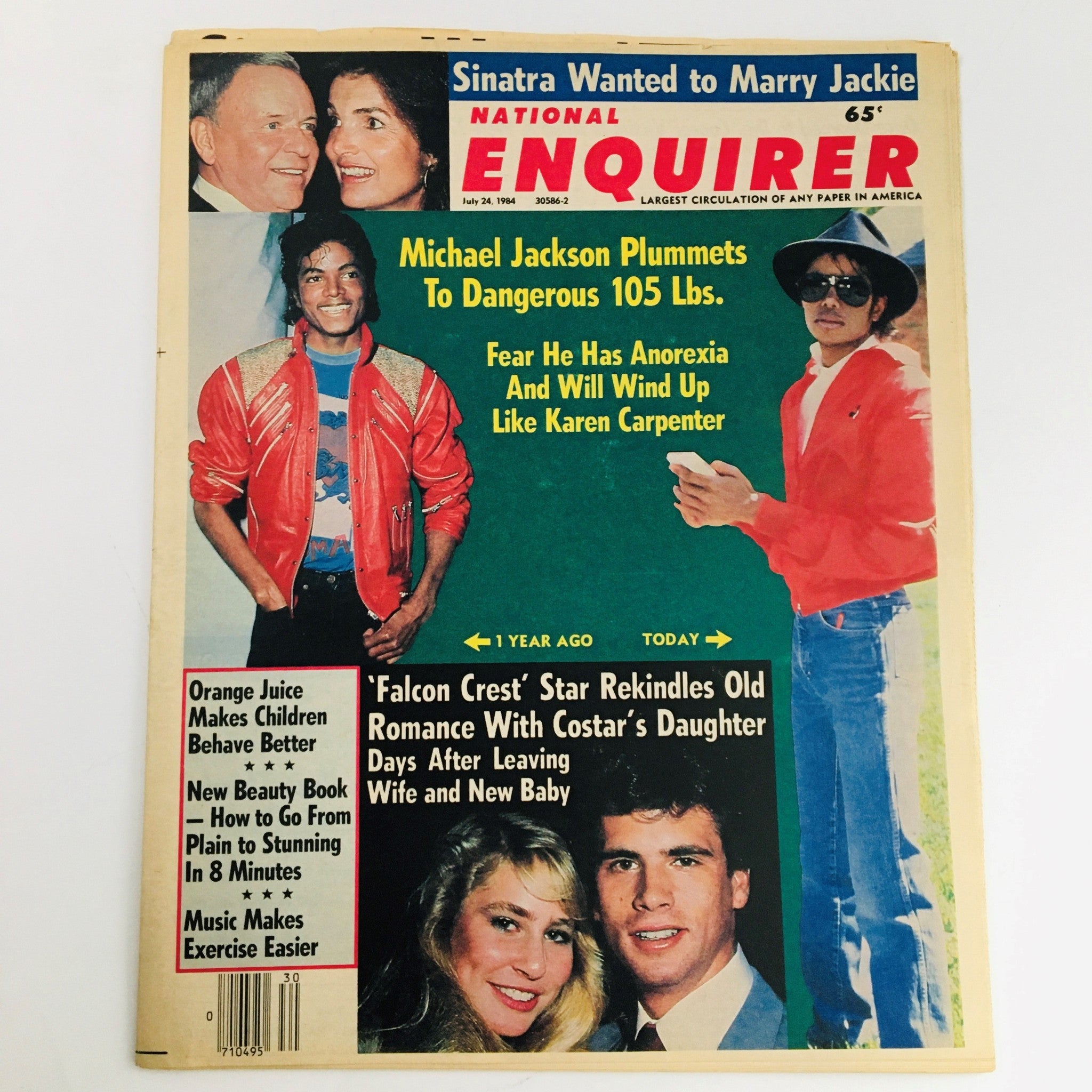 Cover of the National Enquirer Magazine from July 24, 1984, featuring headlines about Michael Jackson's weight loss, along with Frank Sinatra and Jackie, along with other celebrity news. This vintage magazine highlights pop culture icons of the 1980s, making it a collectible piece.