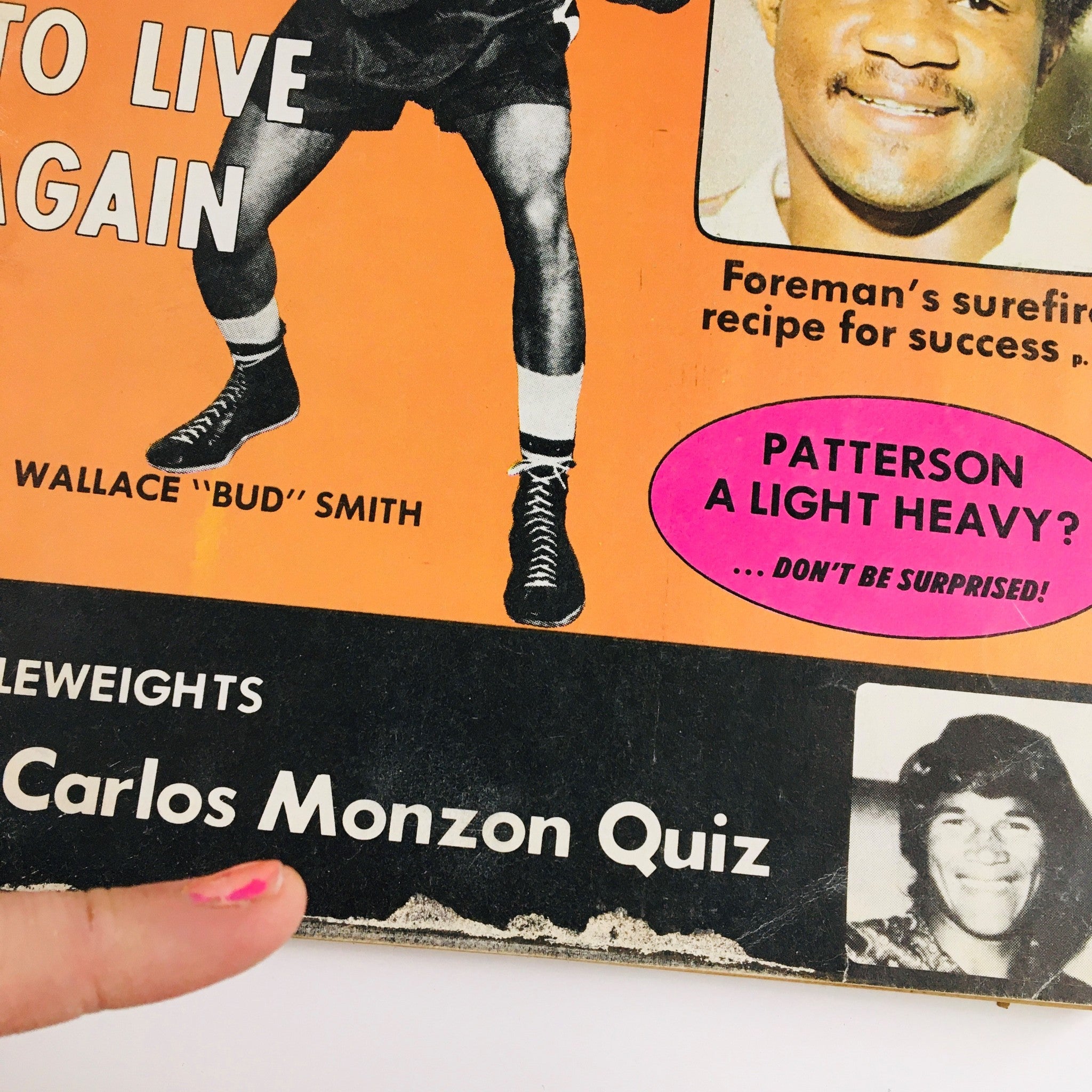 Cover of Boxing Illustrated Magazine from October 1973 featuring Wallace 'Bud' Smith and Carlos Monzon, showcasing vintage boxing history with bold graphics and event highlights.