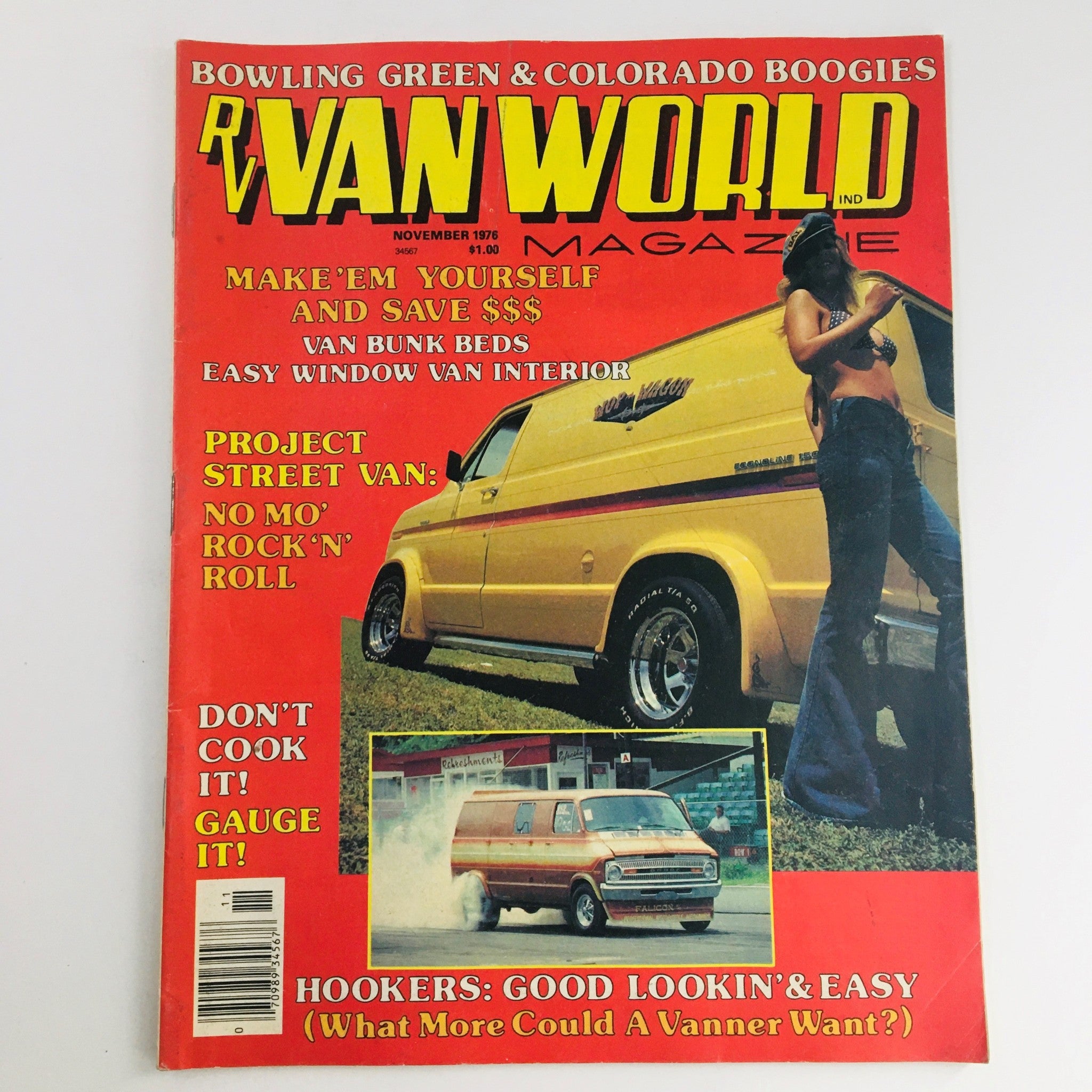 Cover of RV Van World Magazine November 1976 featuring articles on van bunk beds and easy window van interiors, showcasing a yellow van and a woman in denim, emphasizing vintage RV culture and design.