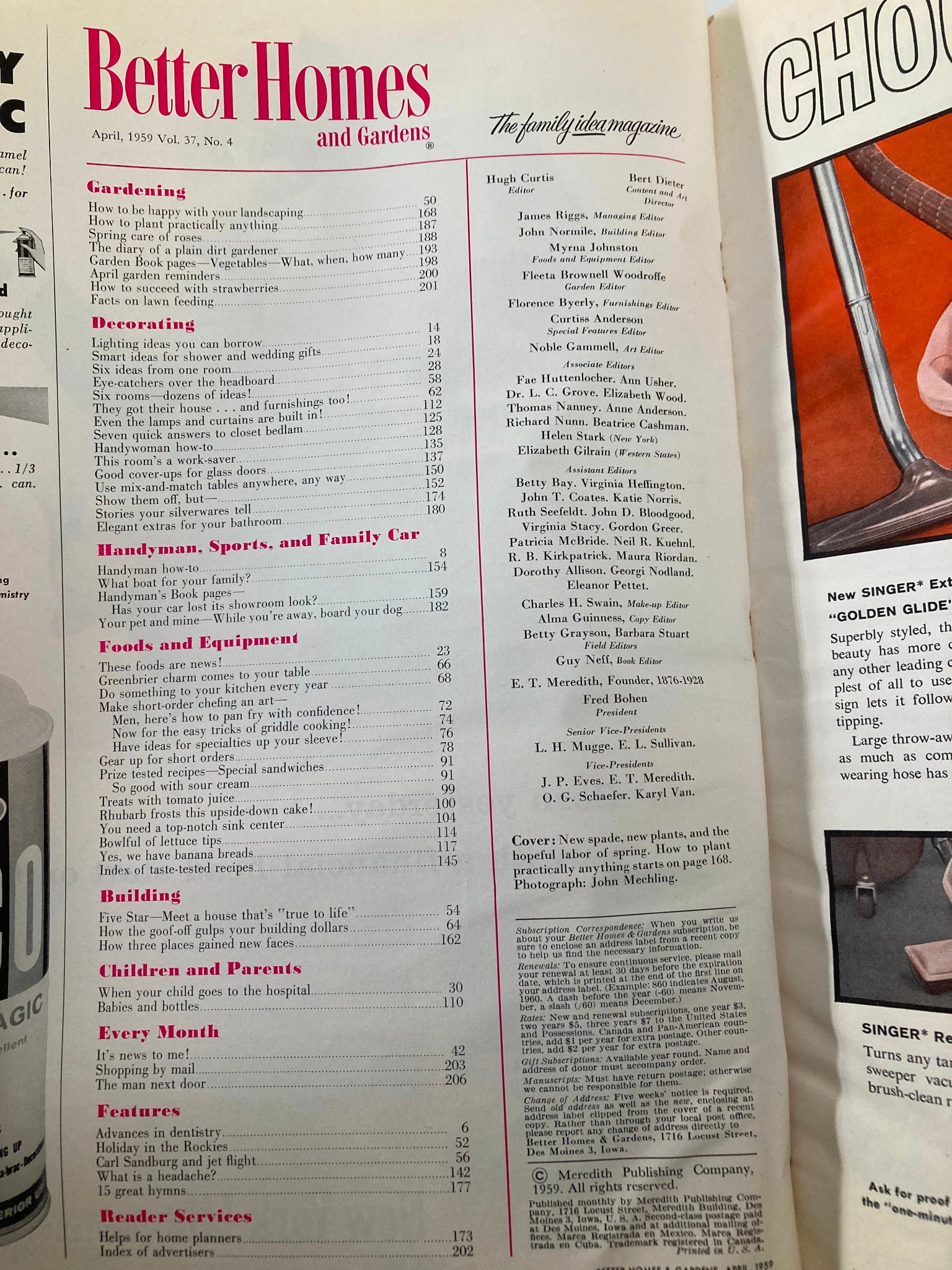 Table of contents from the VTG Better Homes & Gardens Magazine April 1959, featuring sections on gardening, decorating, foods, equipment, building, children and parents, and features.