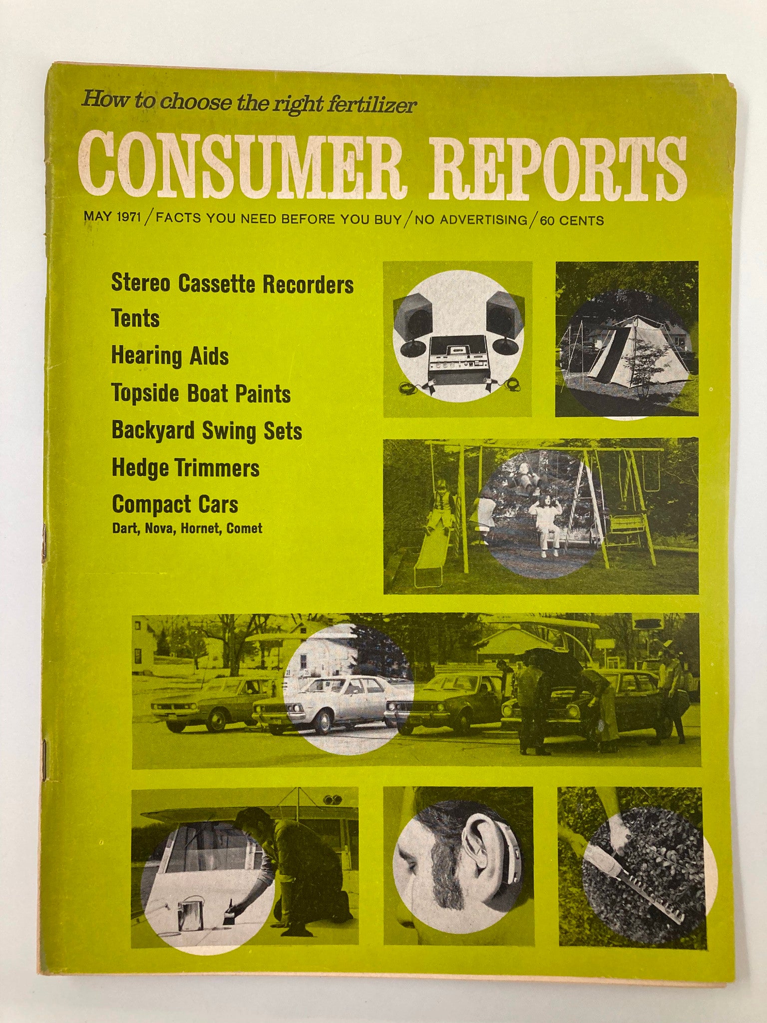 Cover of the May 1971 issue of Consumer Reports Magazine featuring a test on stereo cassette recorders. The cover highlights various product categories along with vintage graphics.