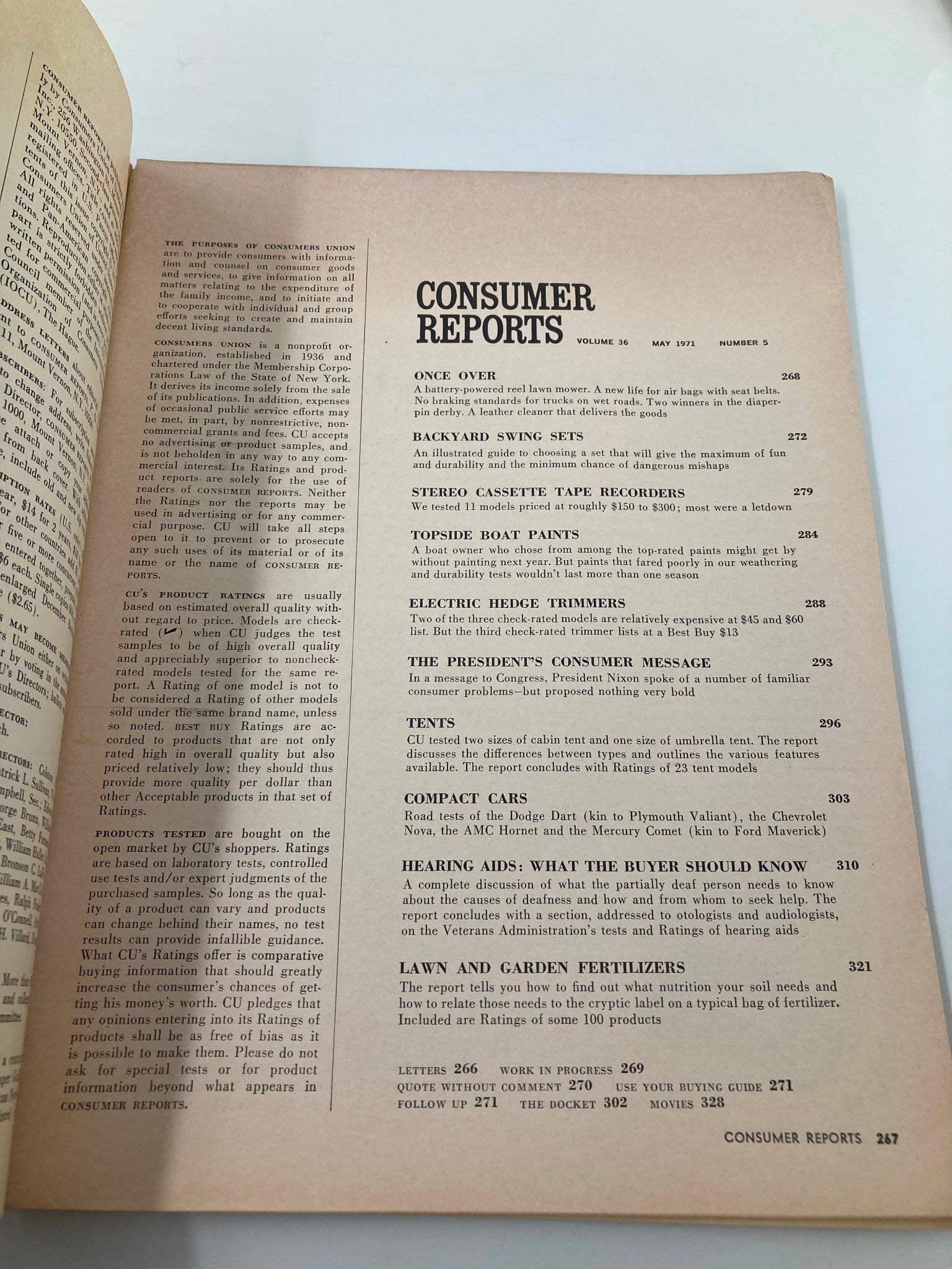 Interior page of the May 1971 Consumer Reports Magazine displaying the table of contents, with a section dedicated to stereo cassette tape recorders.